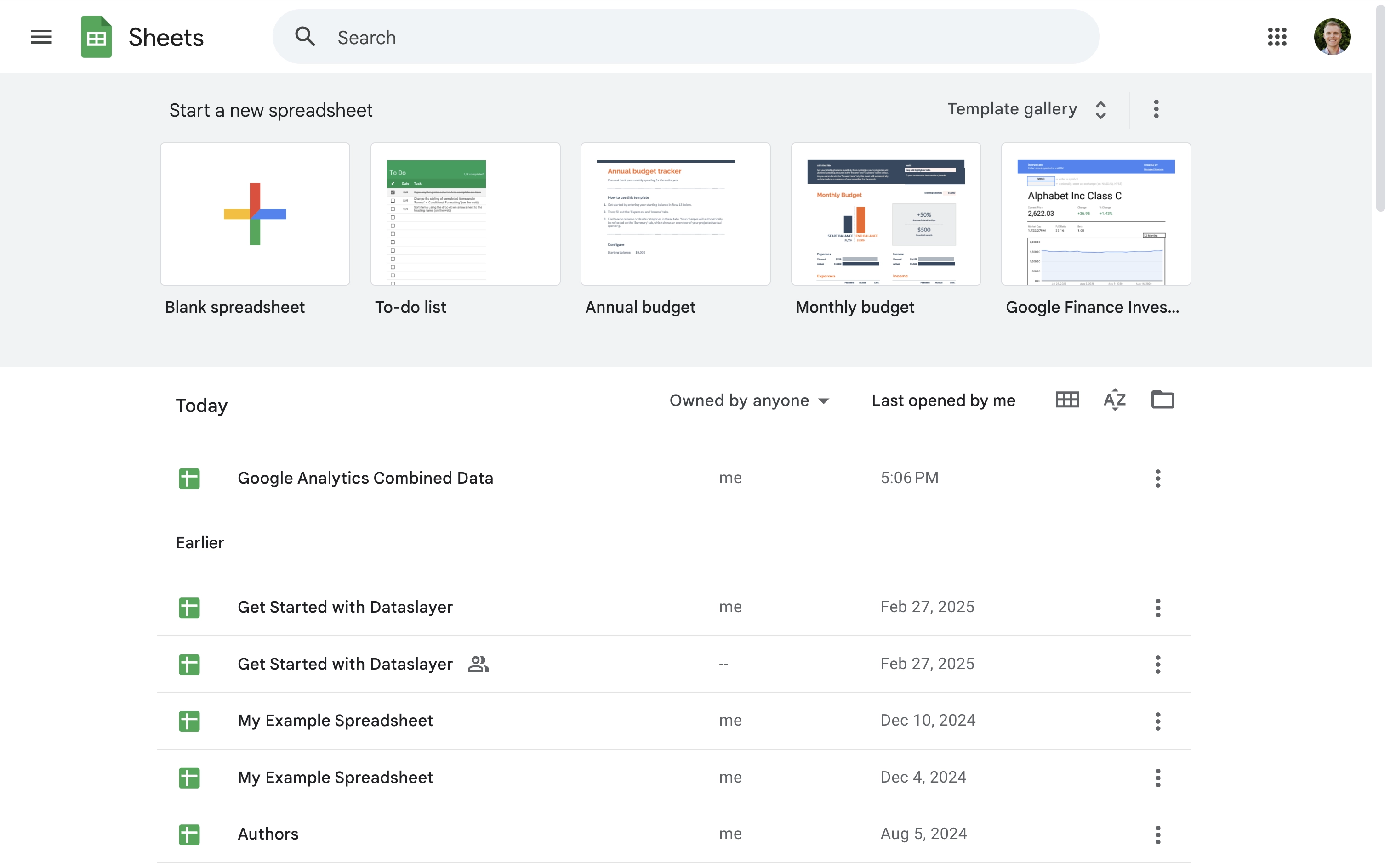 Google Sheets homepage where you can create a new spreadsheet