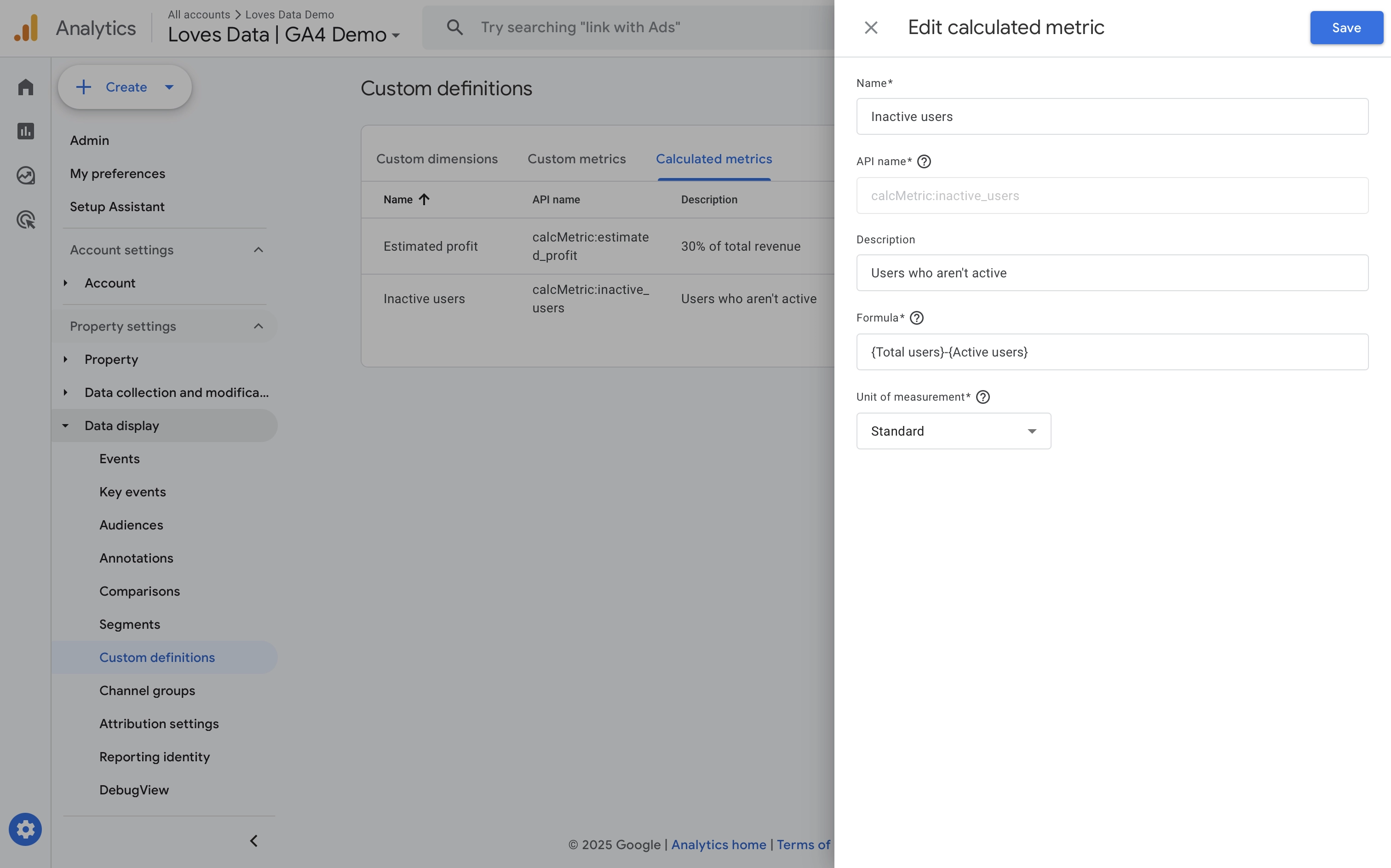 Calculated metric in Google Analytics configured to show the number of inactive users