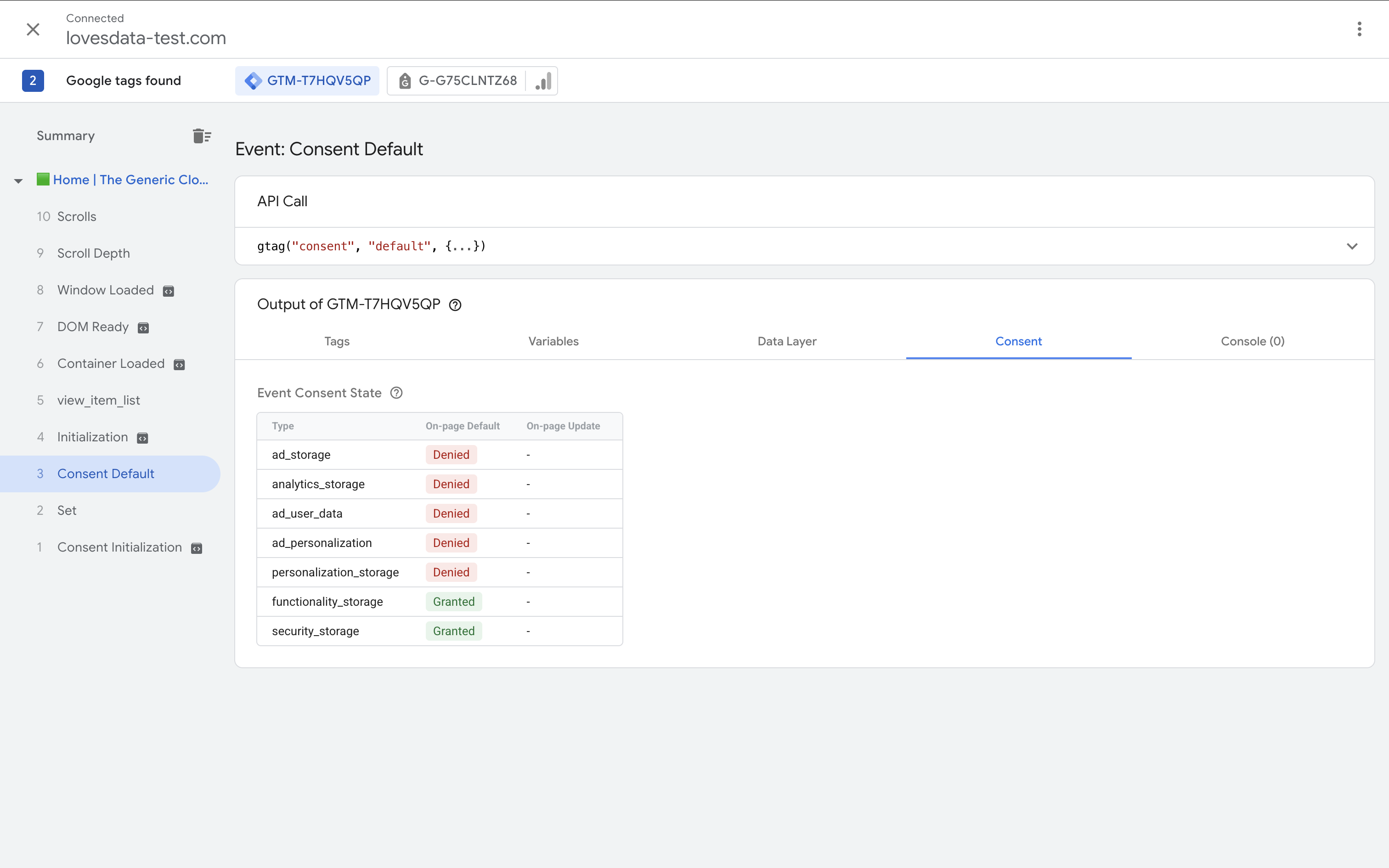 Asistente de etiqueta de Google que muestra el estado de consentimiento predeterminado