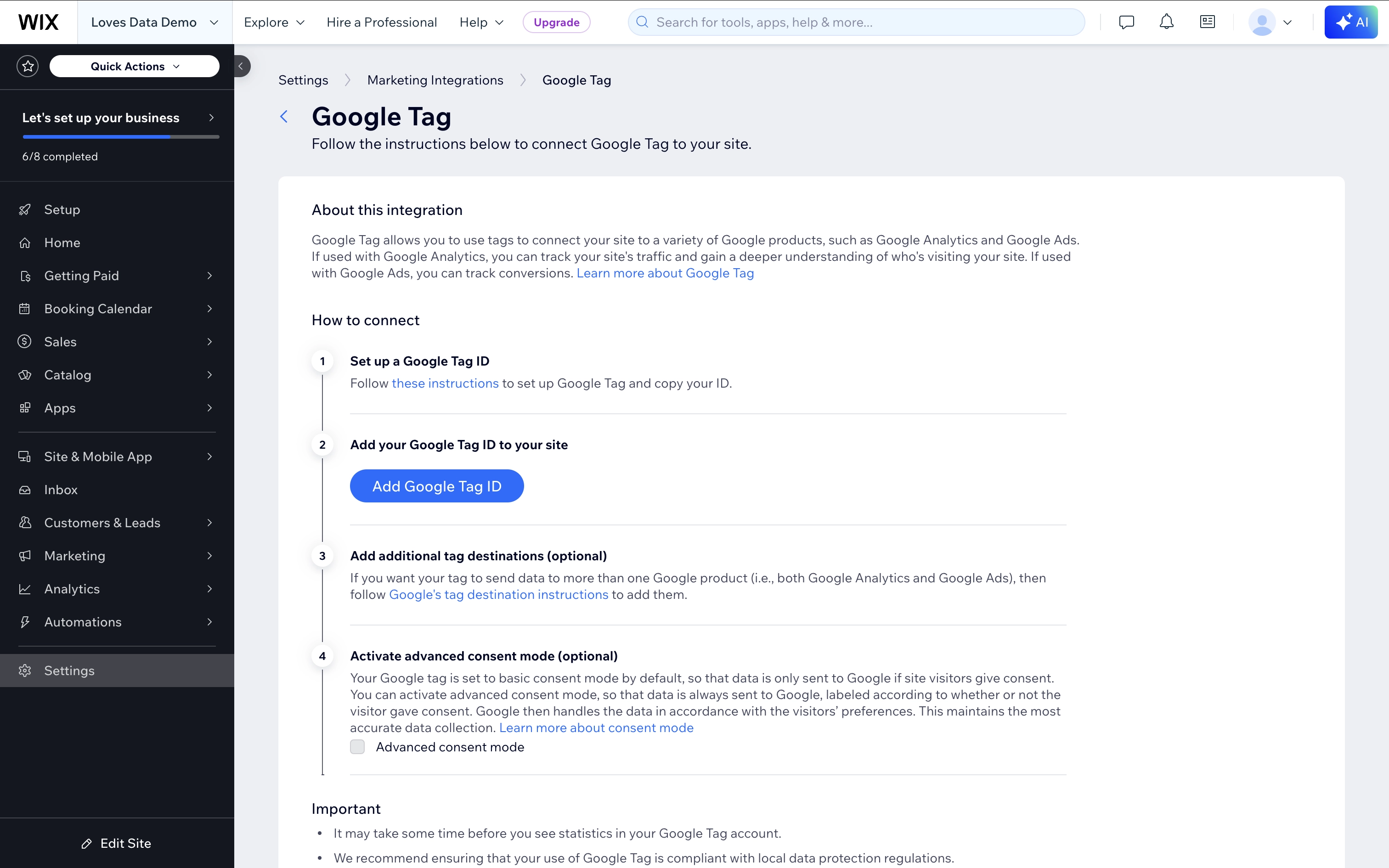Wix Google Tag integration