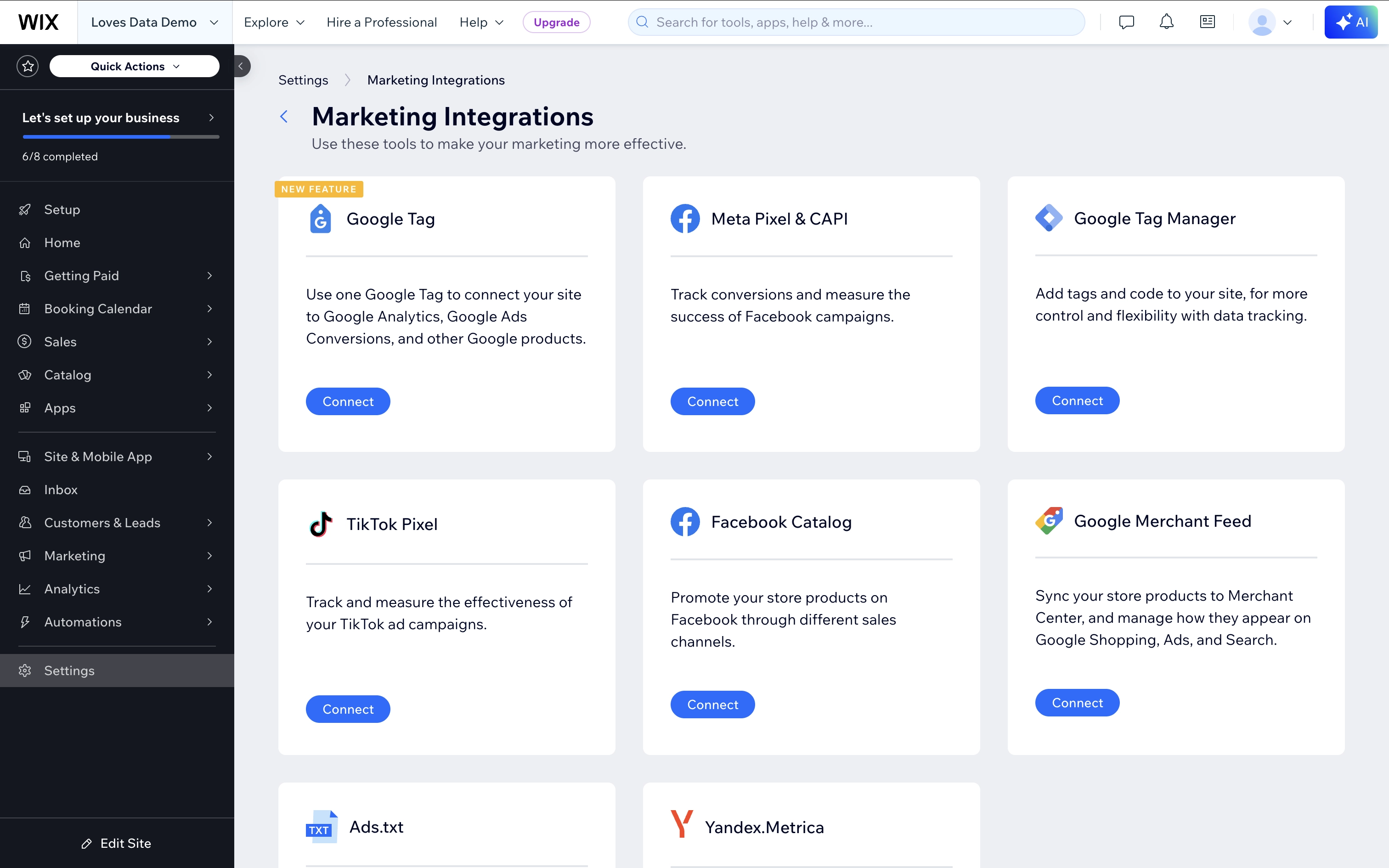 Wix dashboard showing marketing integrations