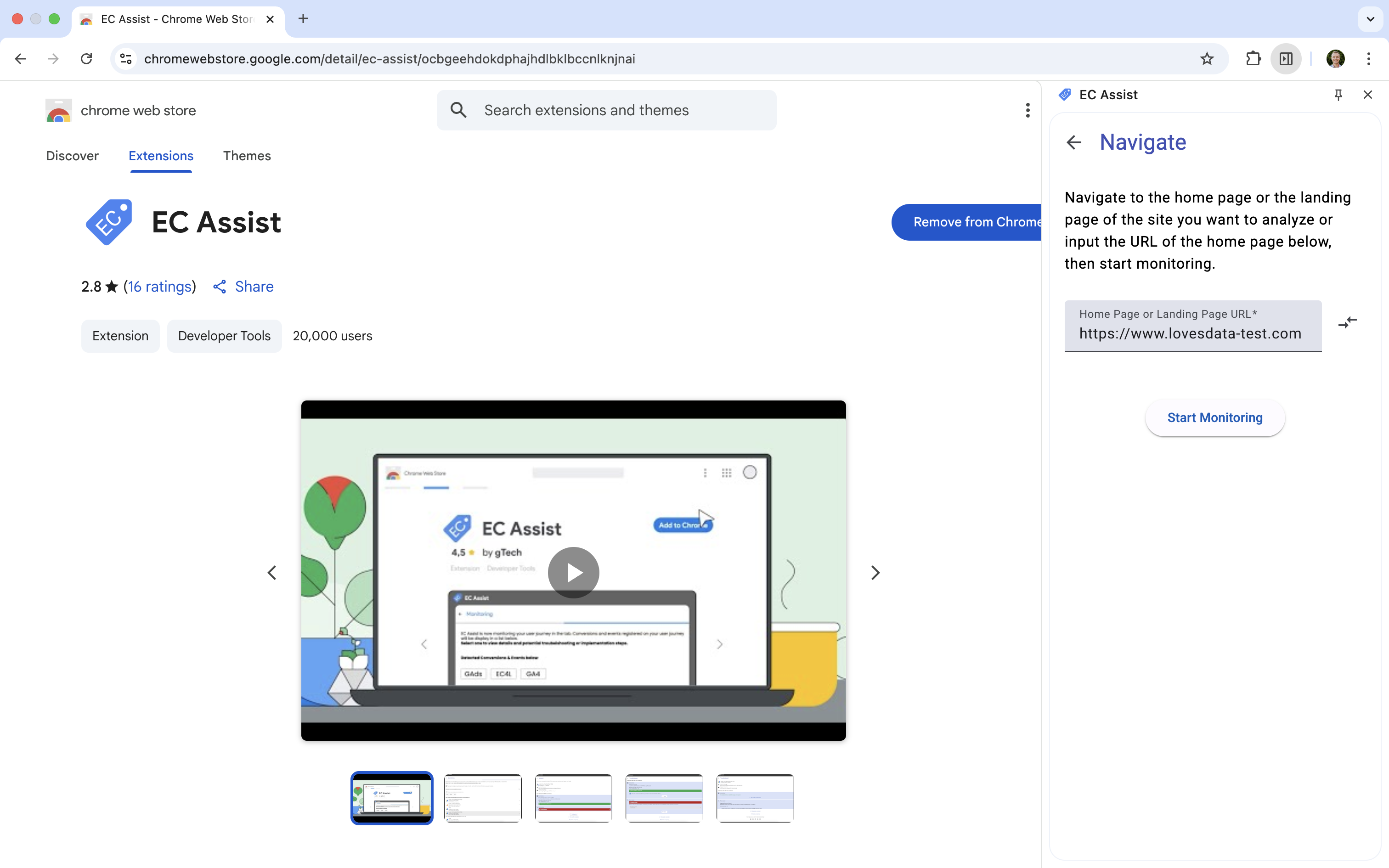 EC Assist extension with a website URL entered ready for testing