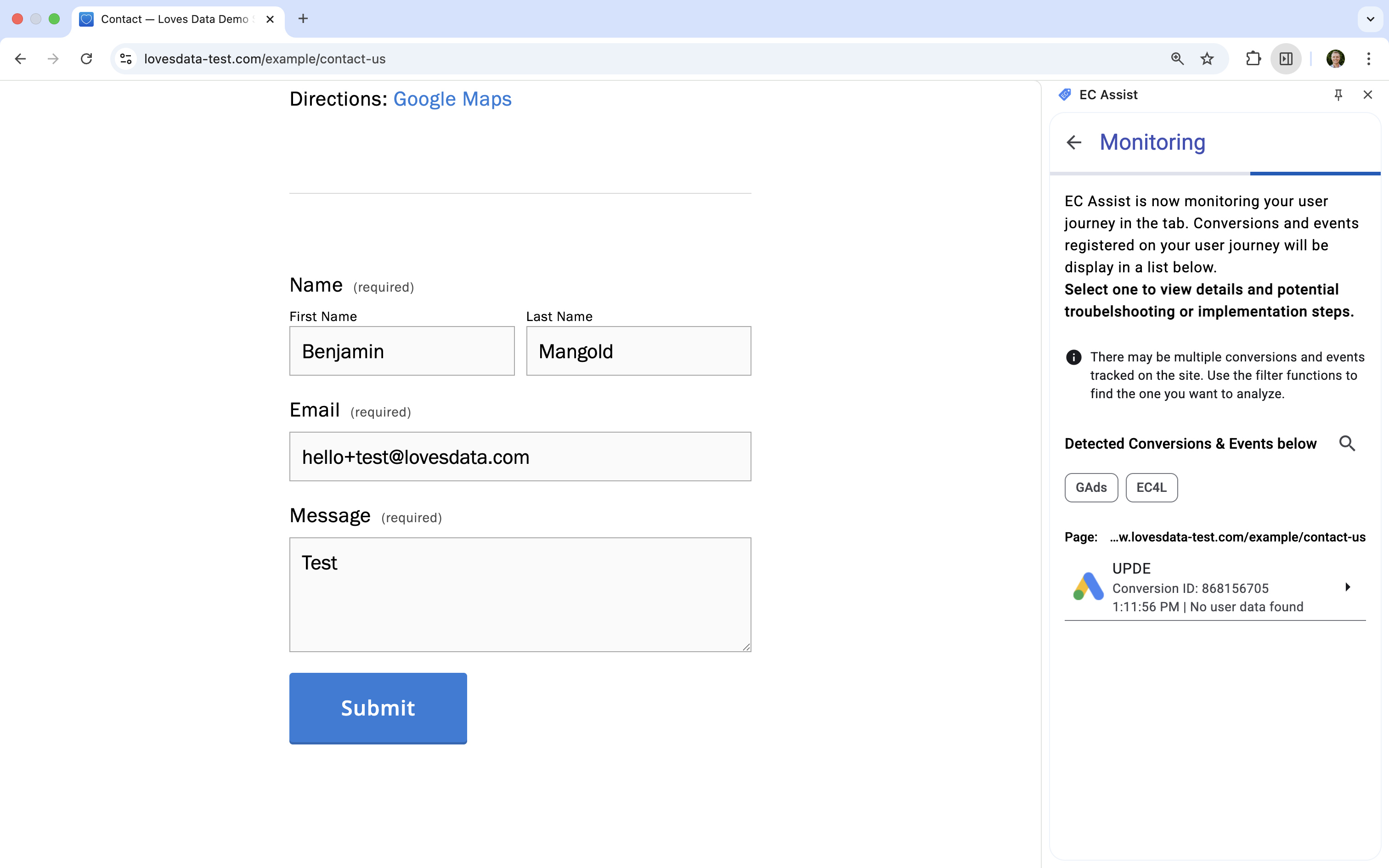 EC Assist loaded with a form being completed on a website