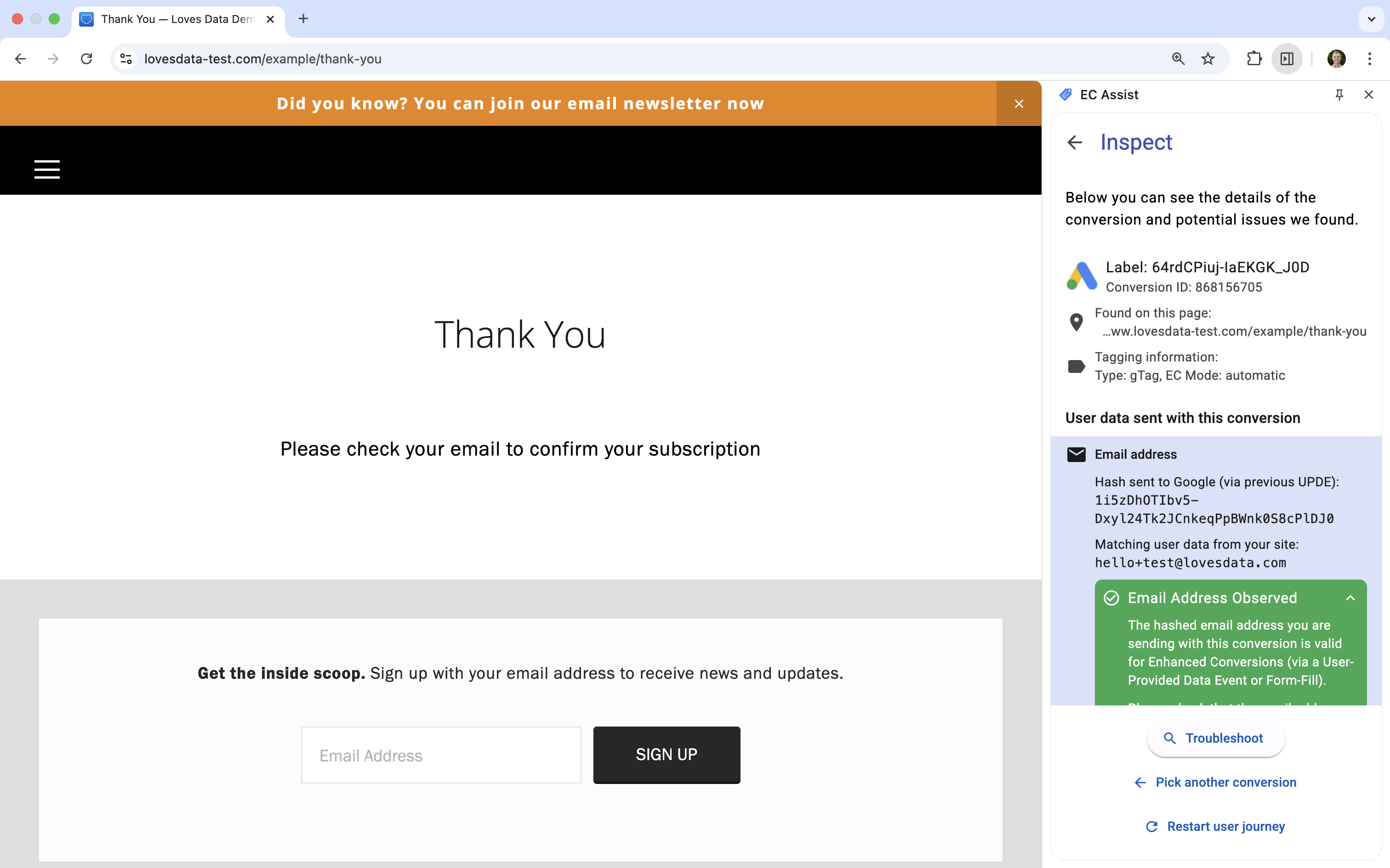 A conversion event in EC Assist showing that user-provided data was sent with the event