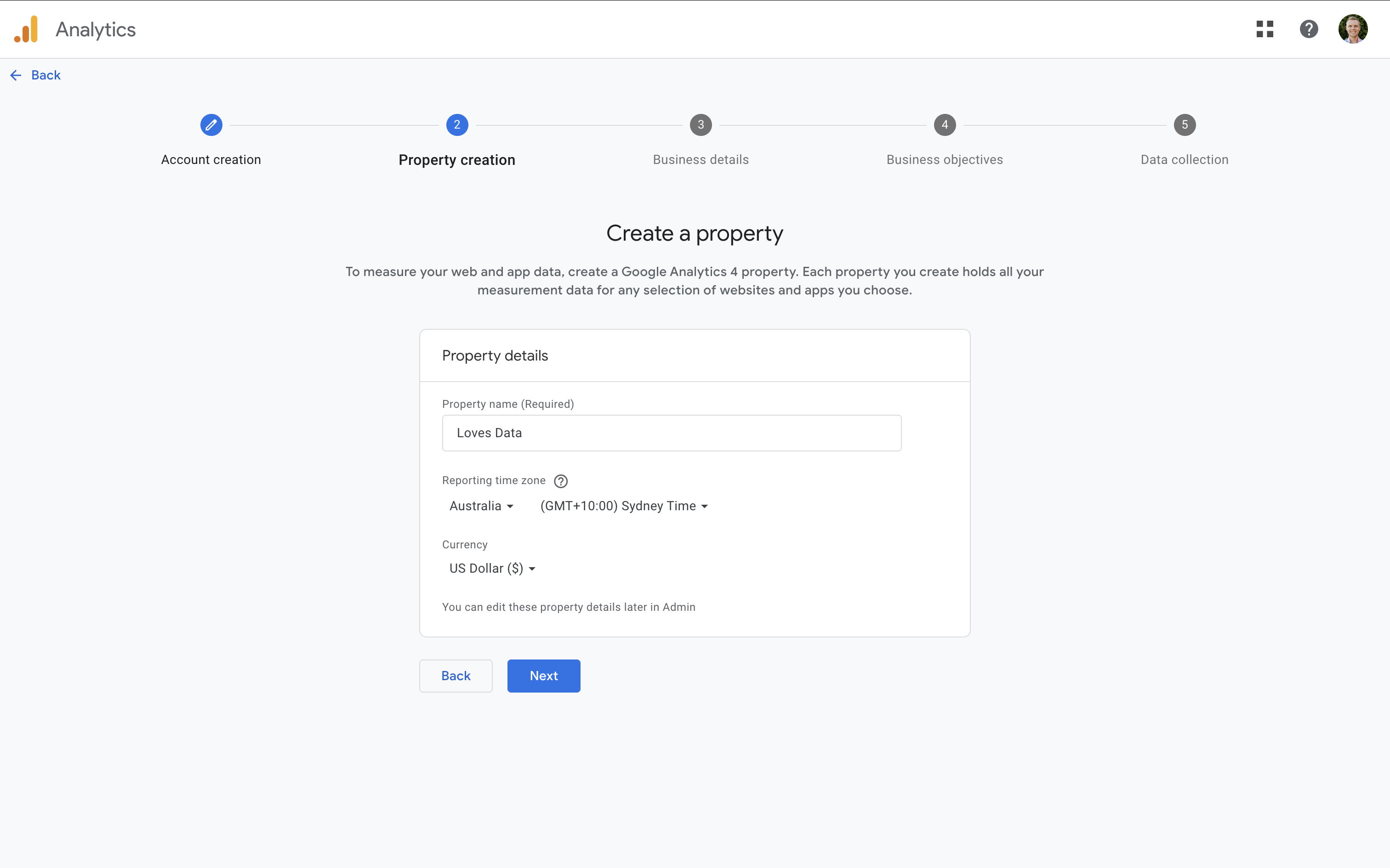 Google Analytics setup showing property creating step