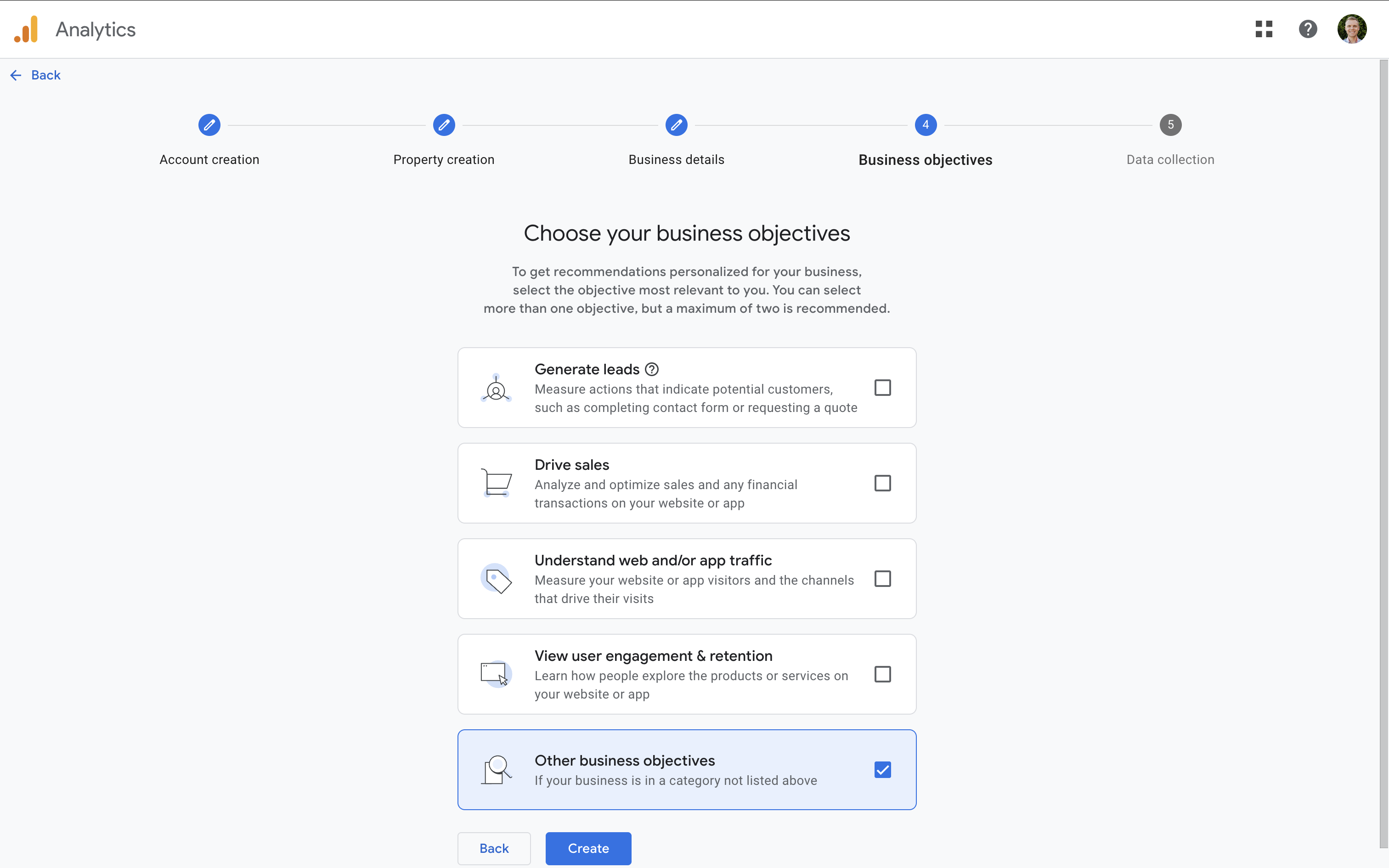 Google Analytics setup showing business objectives step