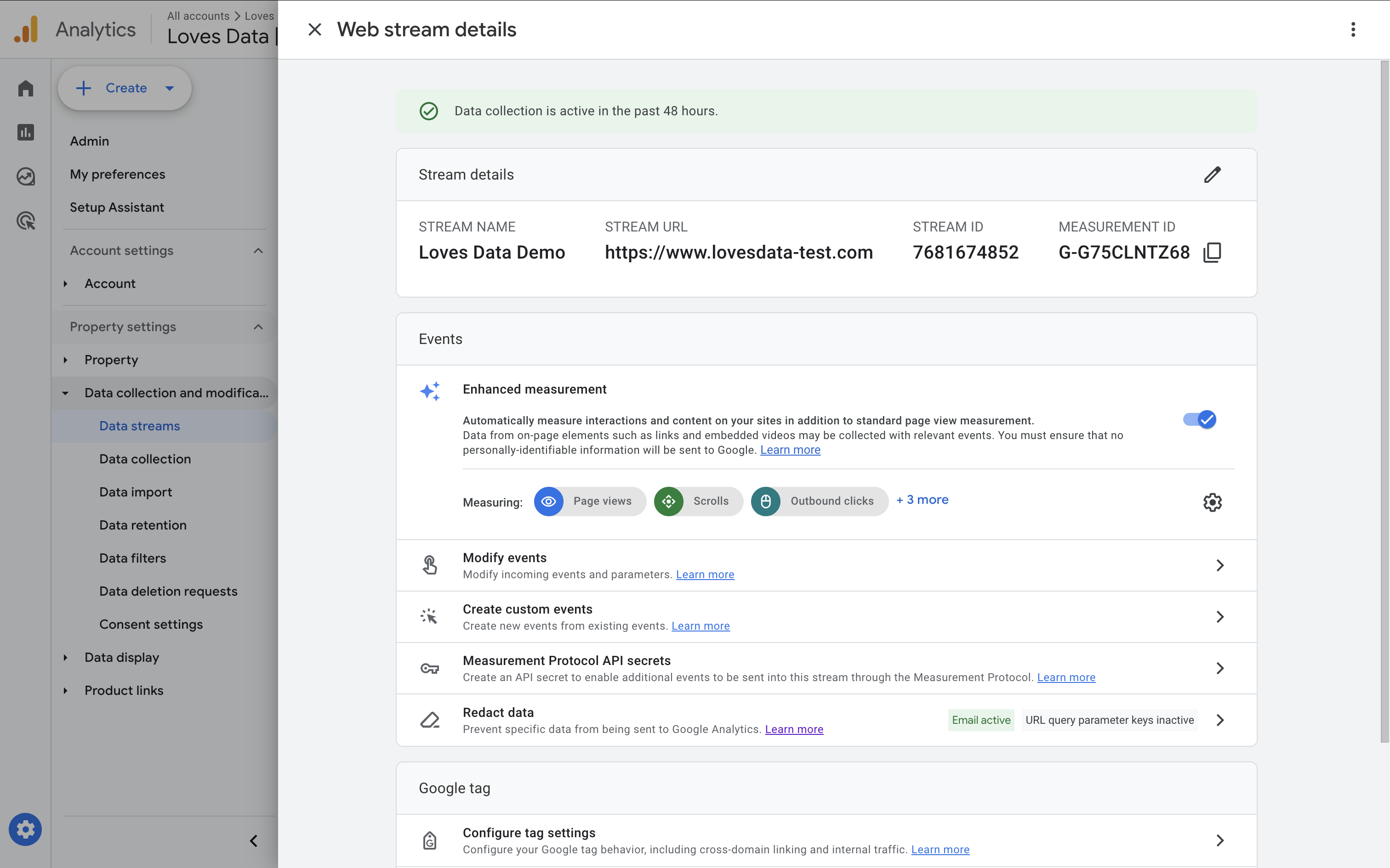 Data stream from Google Analytics showing the Measurement ID