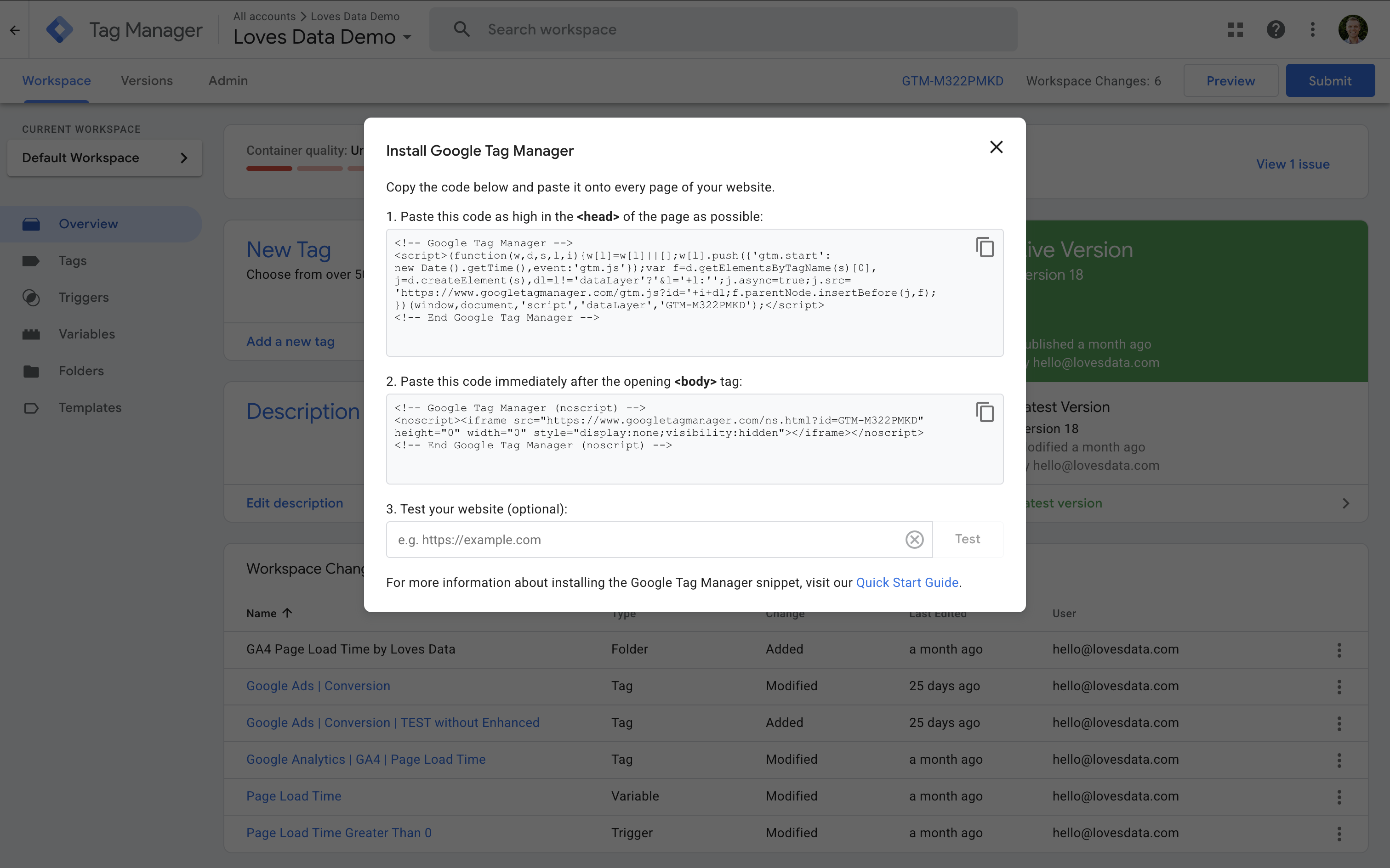 Container code displayed in Google Tag Manager