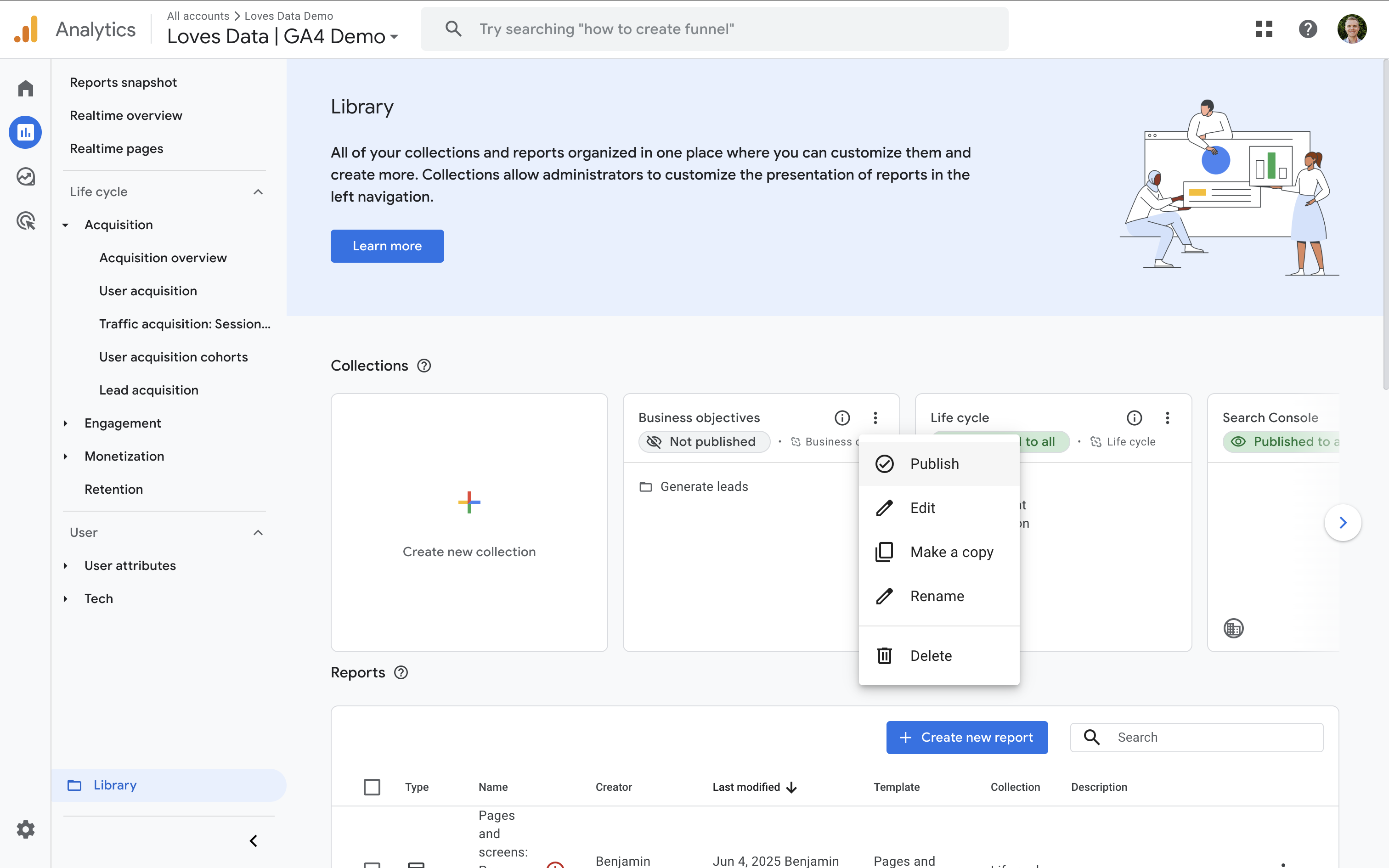 Add the lead generation reports using the GA4 'Library' feature