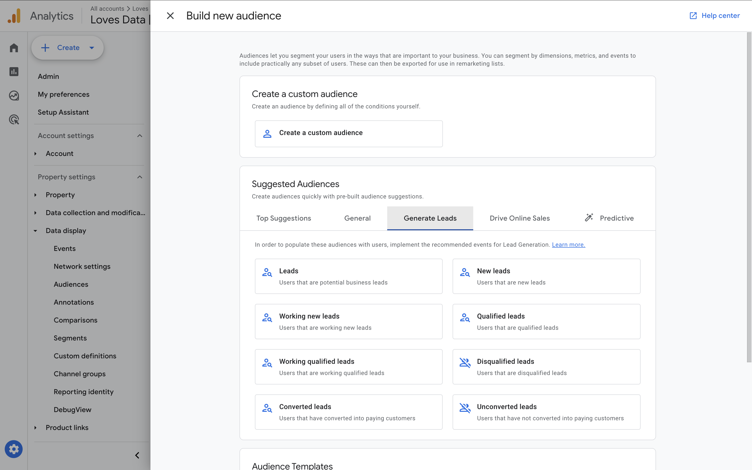 Lead generation audience templates in GA4, Google Analytics 4