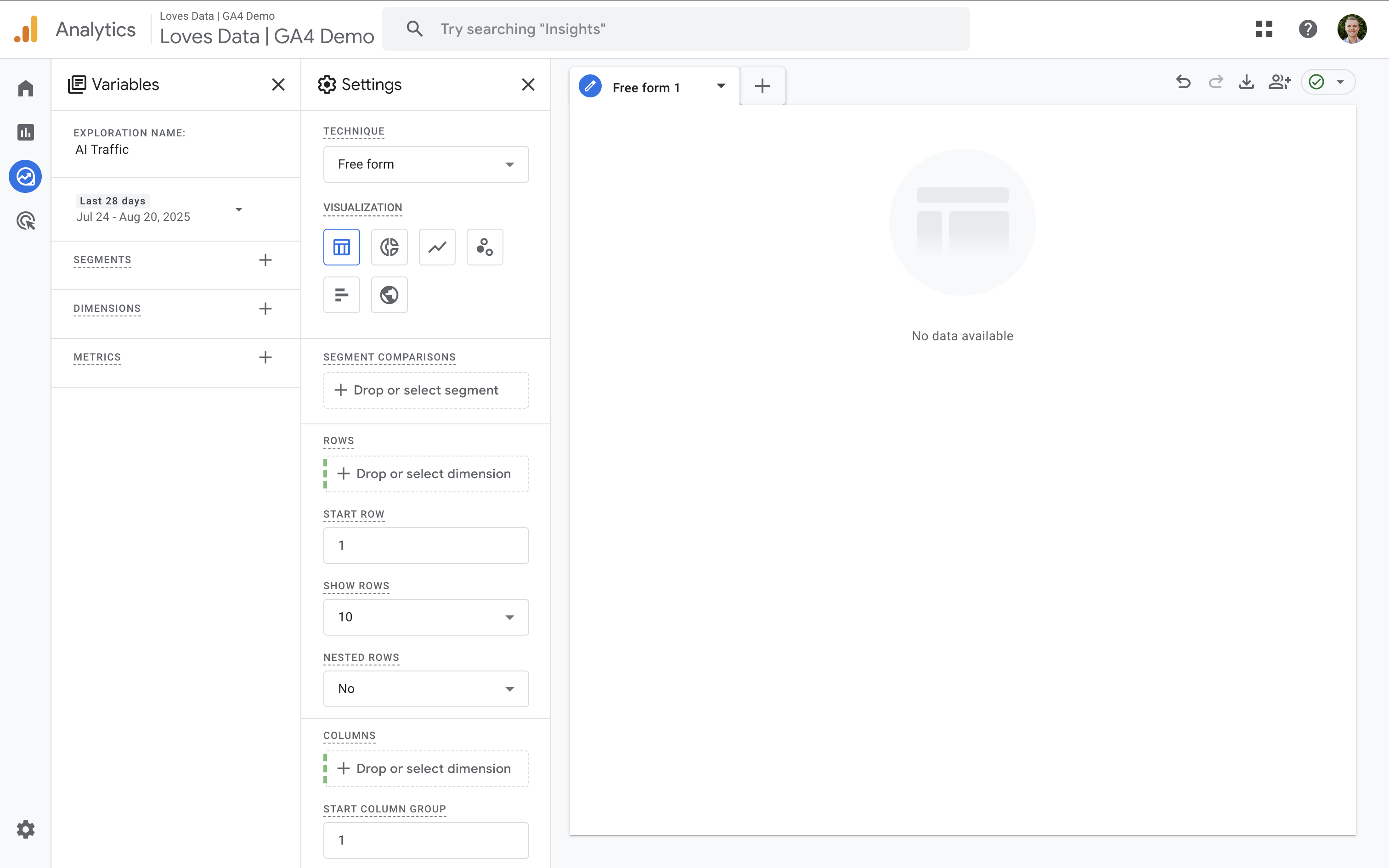 Blank exploration report in Google Analytics 4 (GA4)