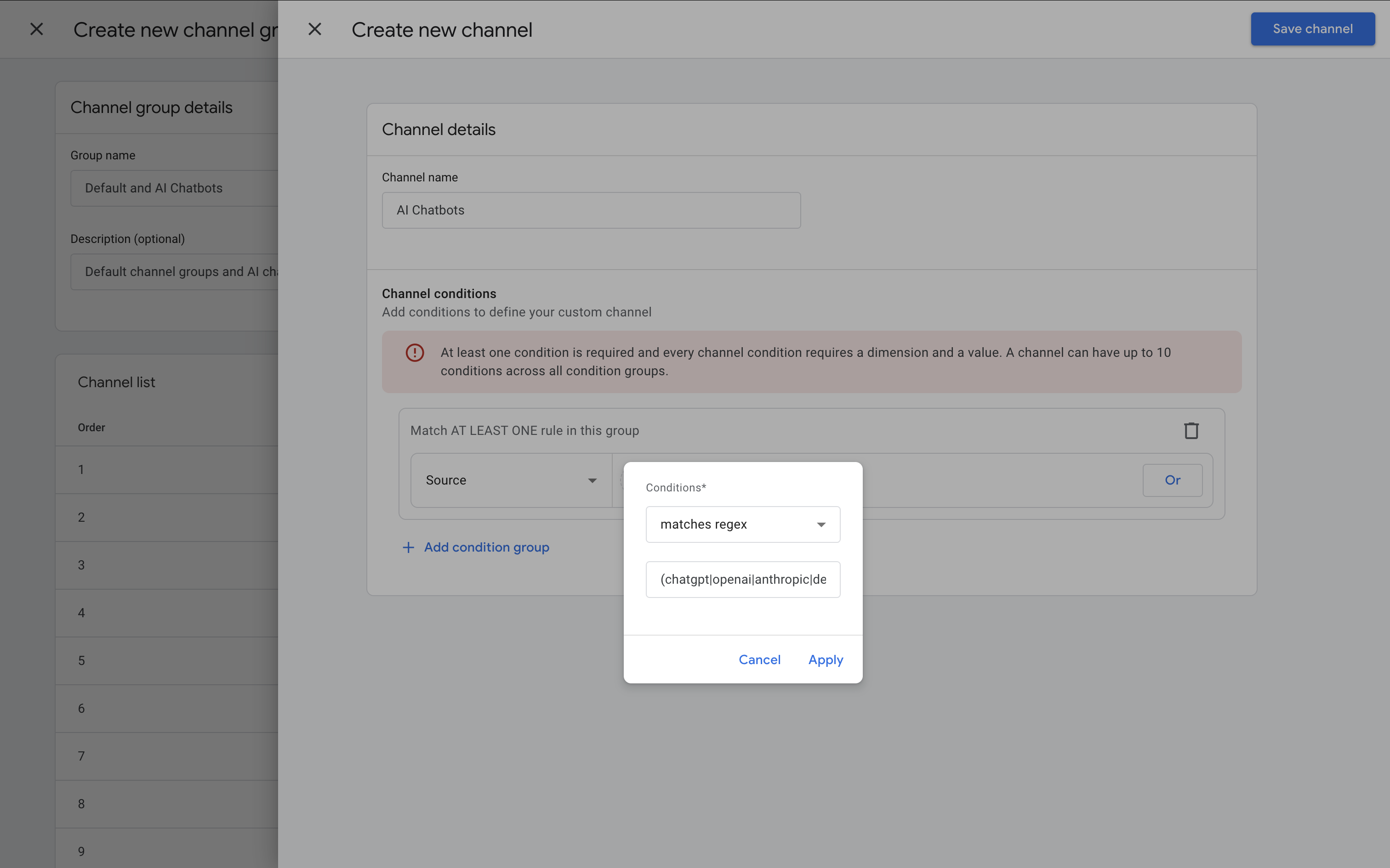 Condition with regex for AI traffic channel group