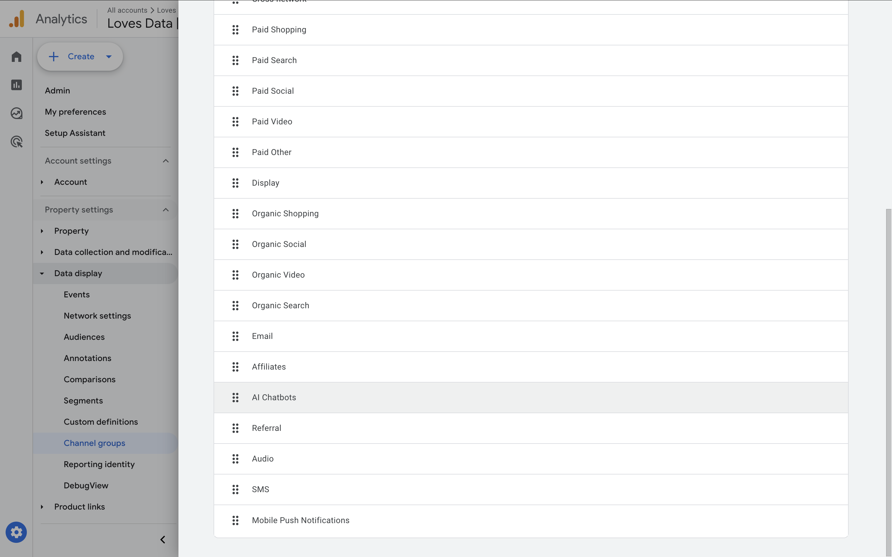 Reordered channel groups in channel settings
