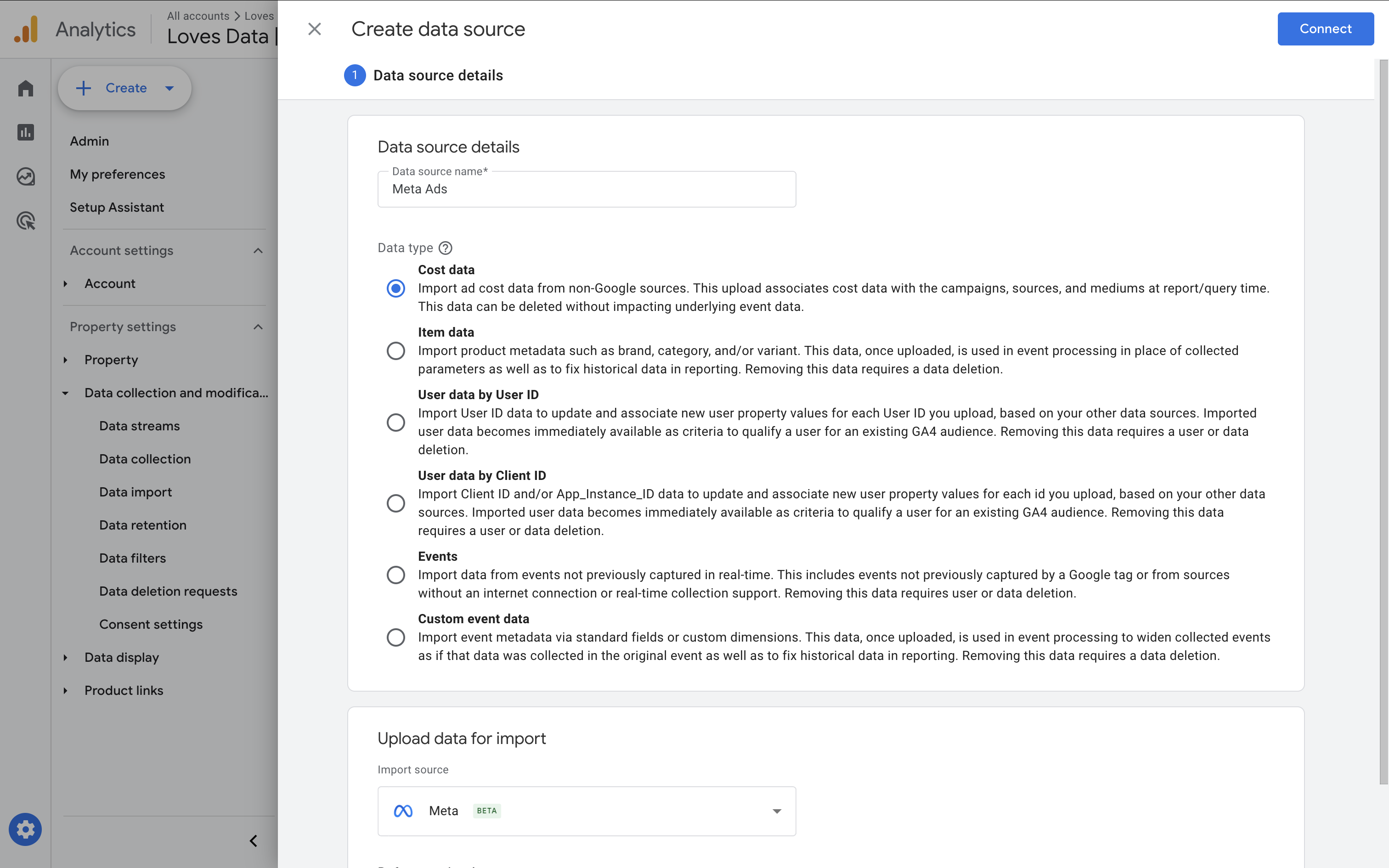 Create Meta data source in Google Analytics
