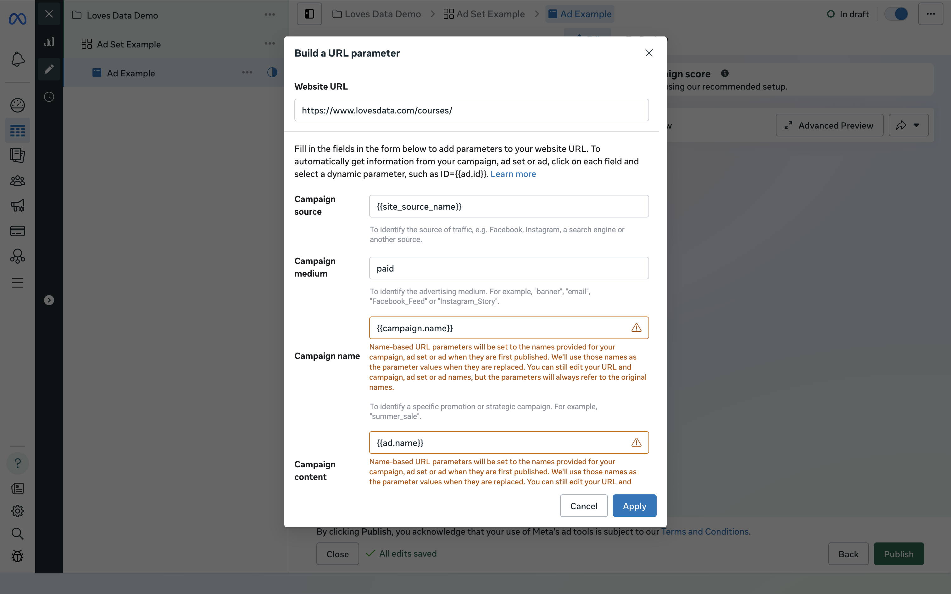 Meta ad destination URL settings