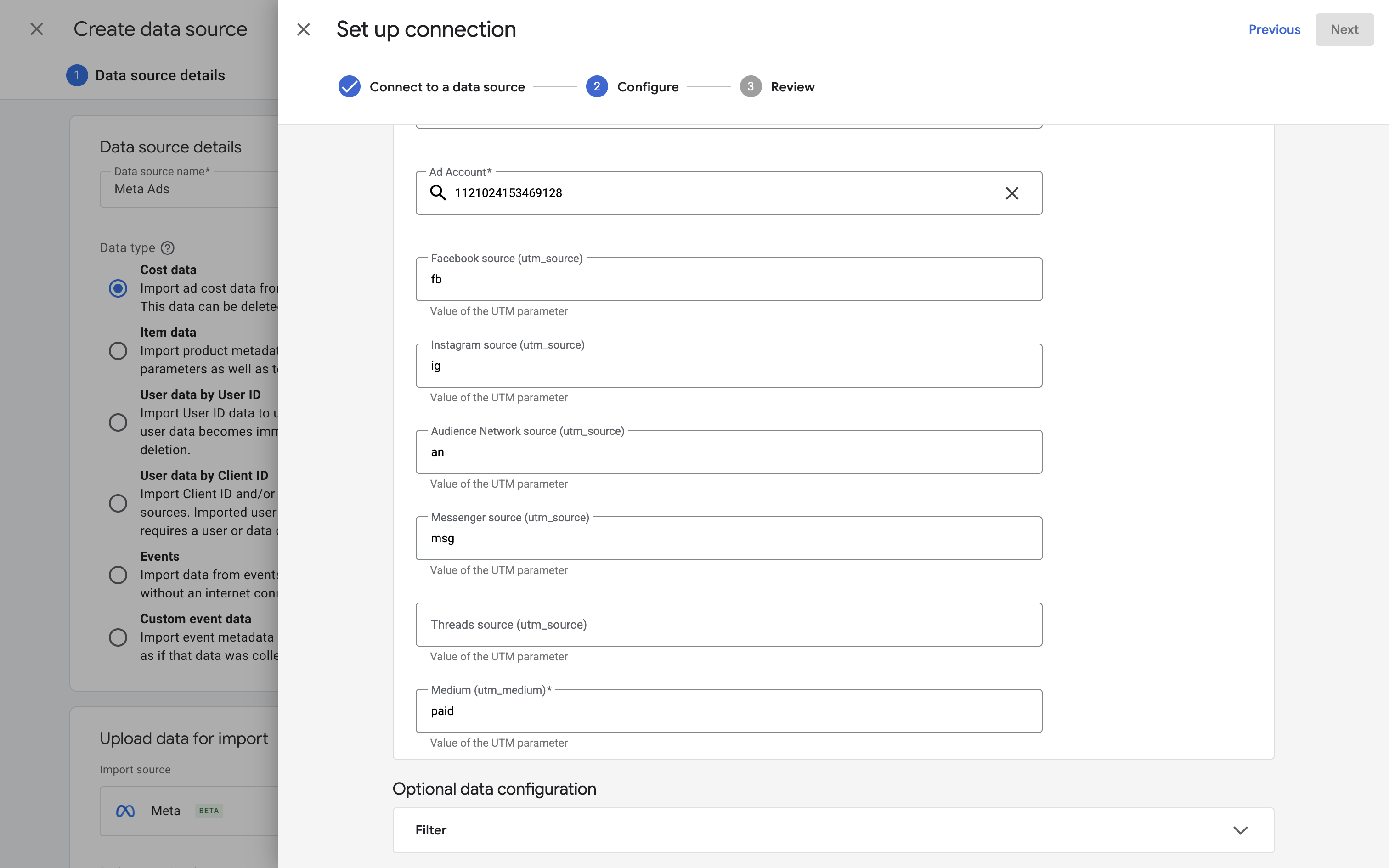 UTM parameters mapped in cost data source for Meta