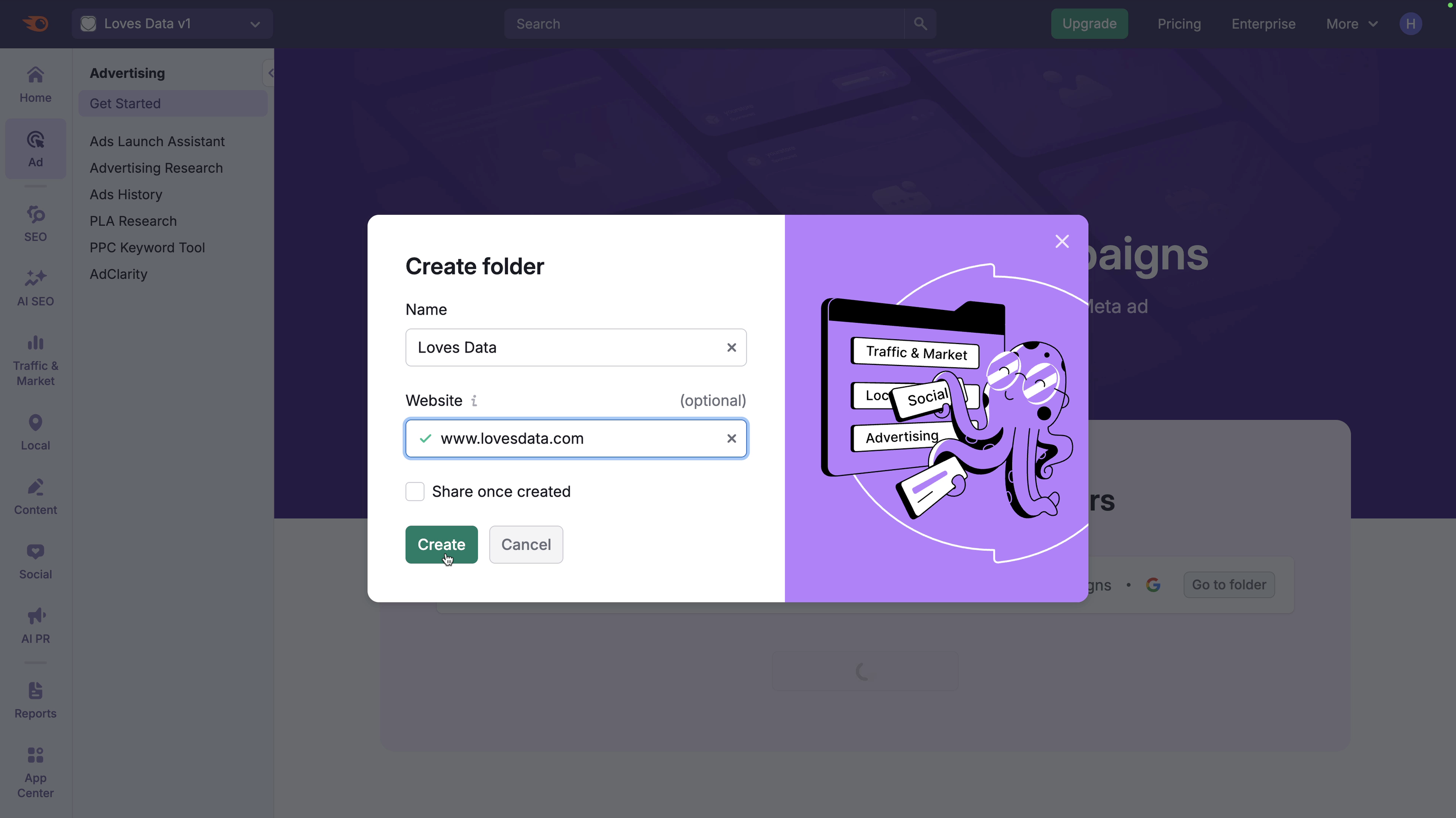 To create a campaign, start by naming your folder and entering your website's URL