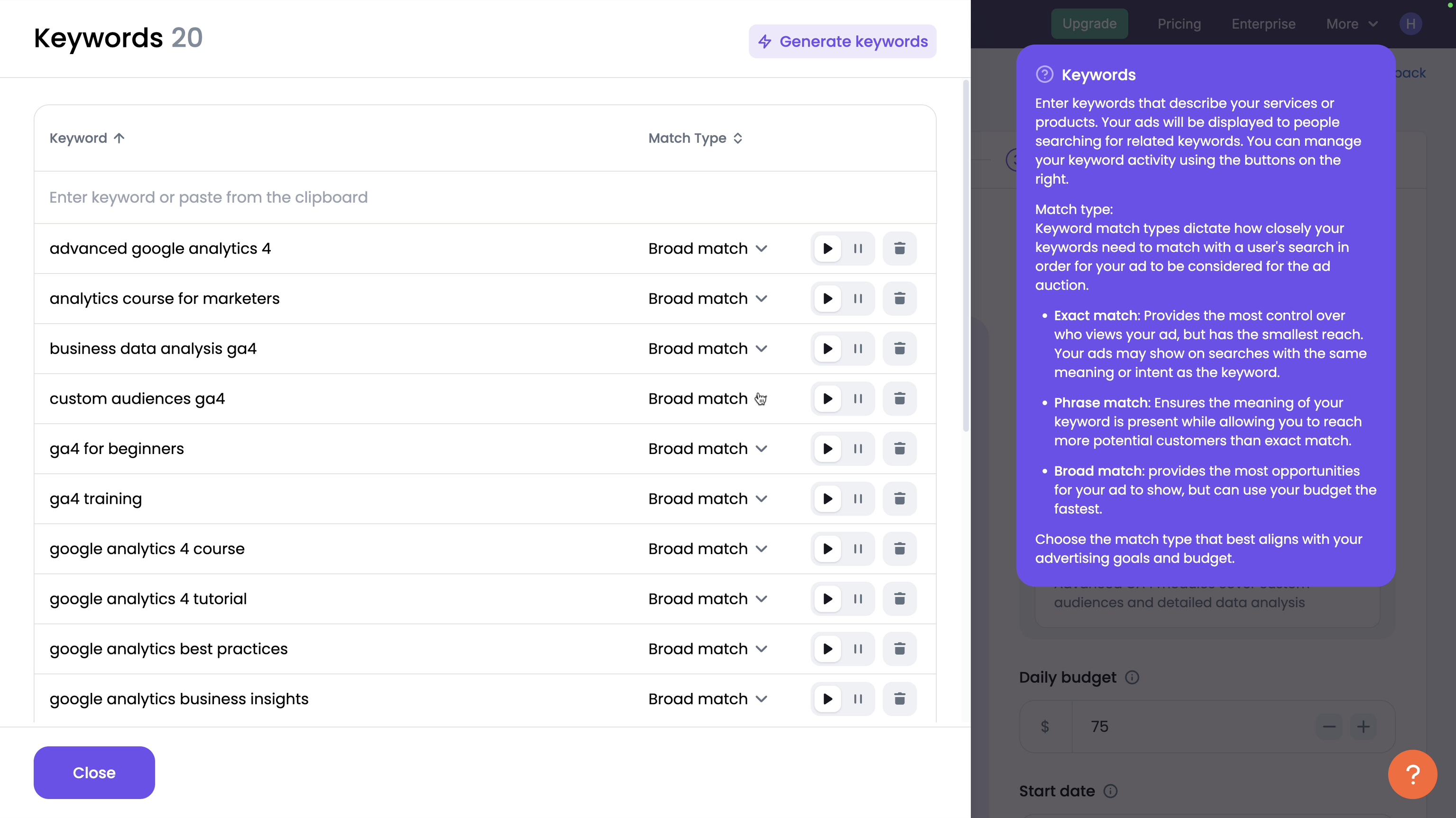 Review and adjust keywords created by Semrush for your Google Ads campaign