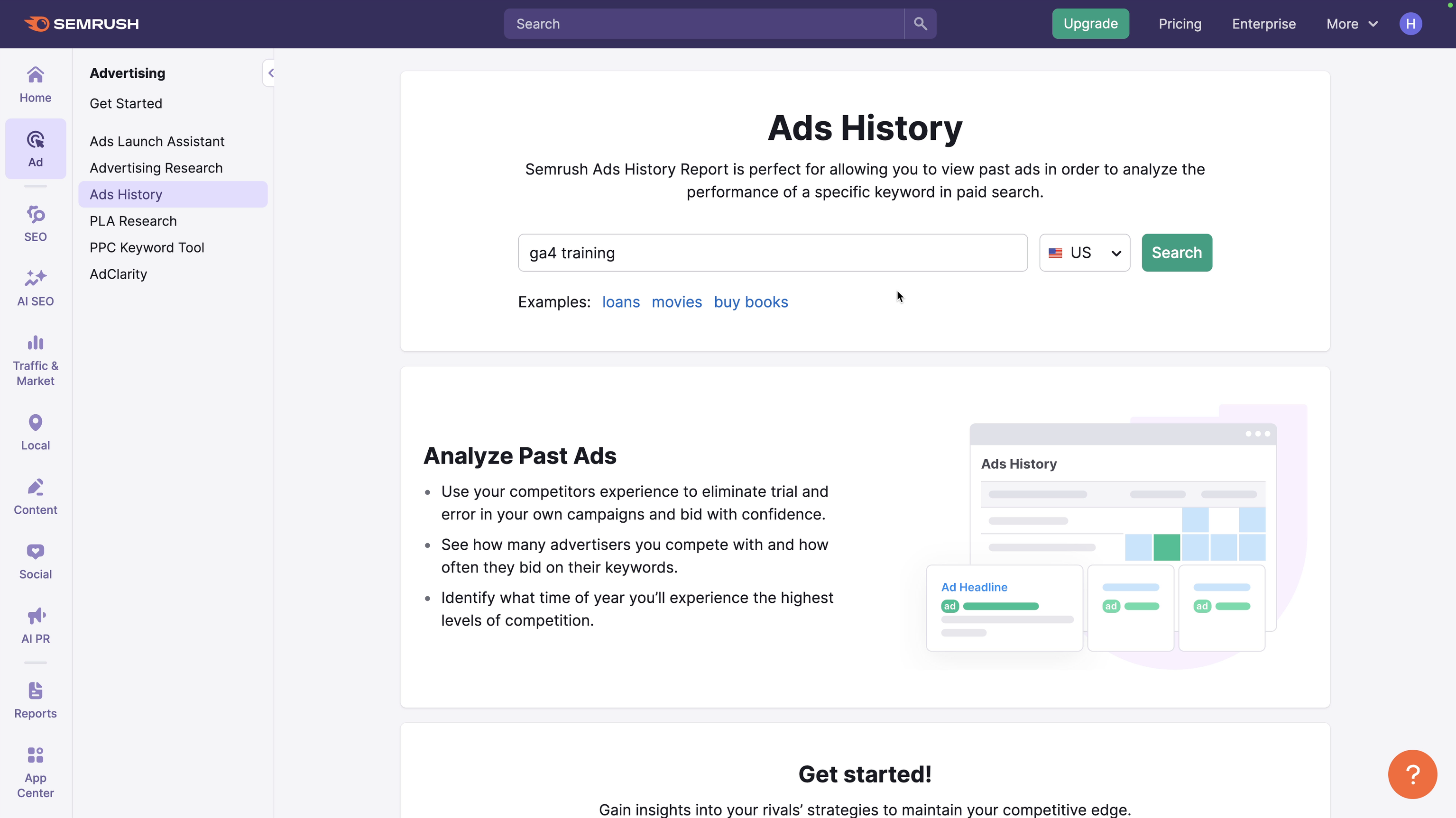 Semrush Ad History Tool