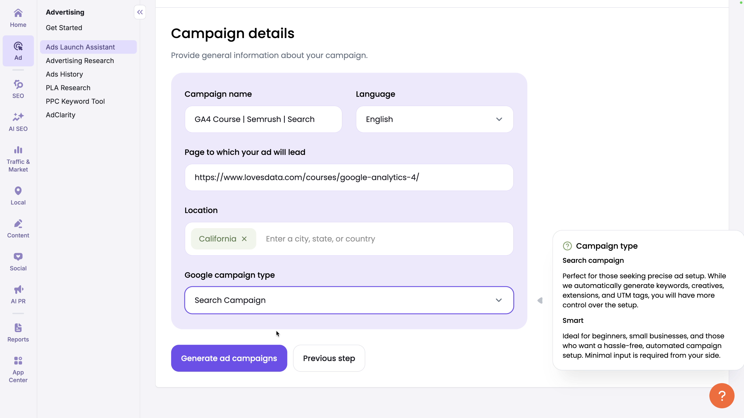 Enter your campaign details for Semrush to automatically create your Google Ads campaign