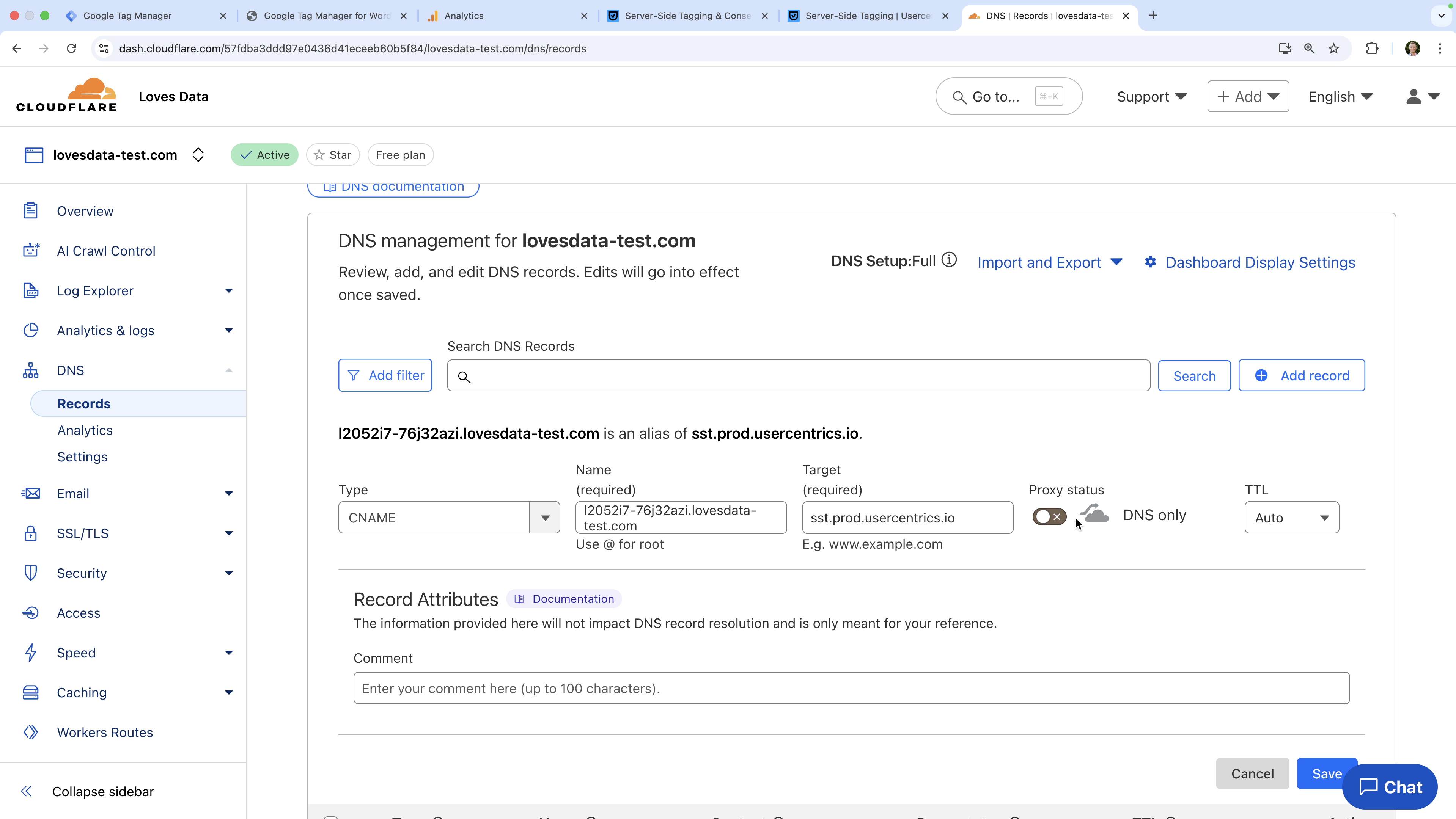 Cloudflare DNS settings for Usercentrics server-side