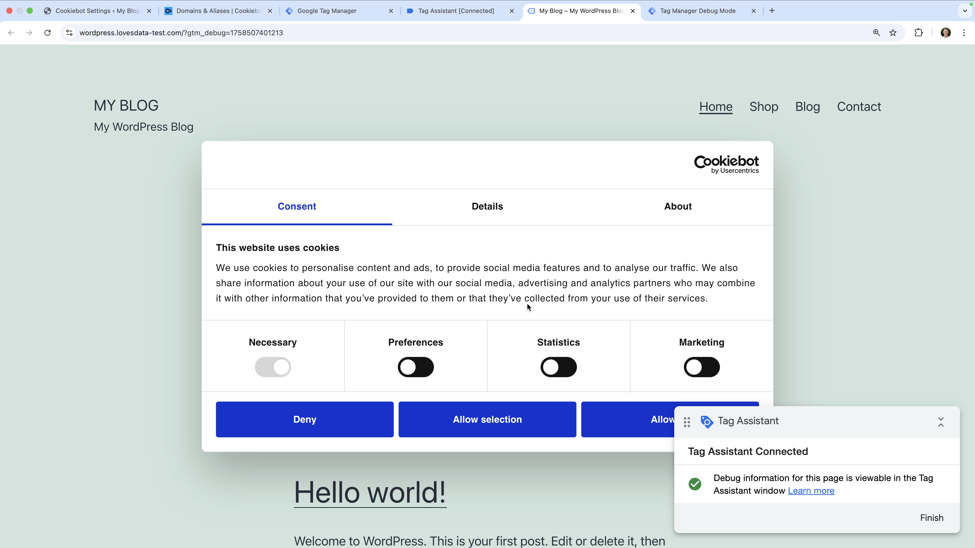 Cookiebot banner with Google Tag Assistant loaded