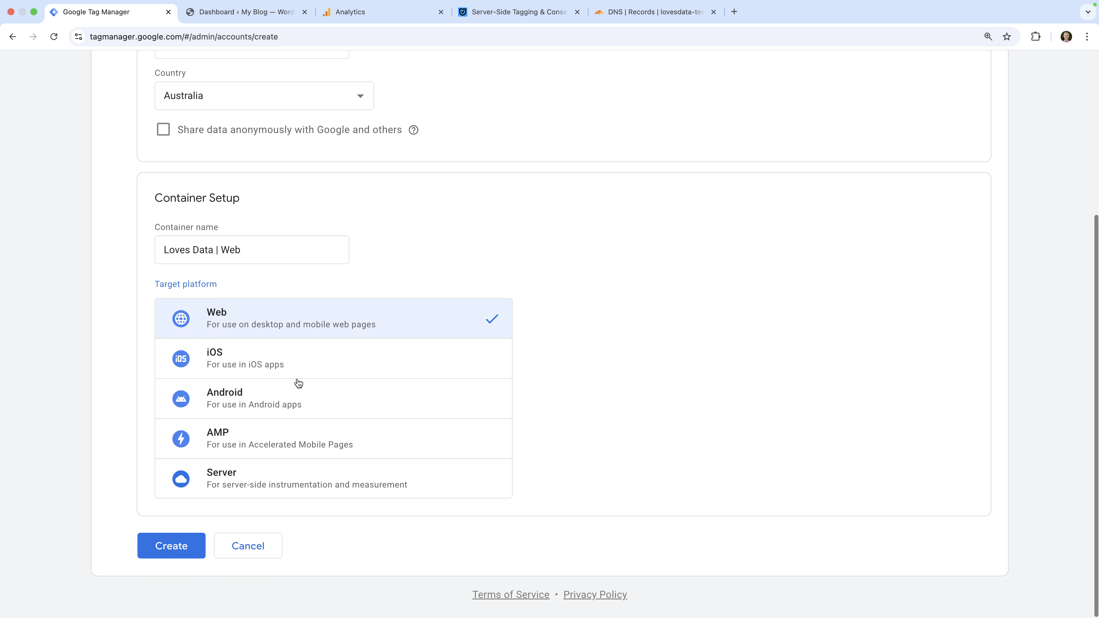 Creating a 'Web' container in Google Tag Manager (GTM)