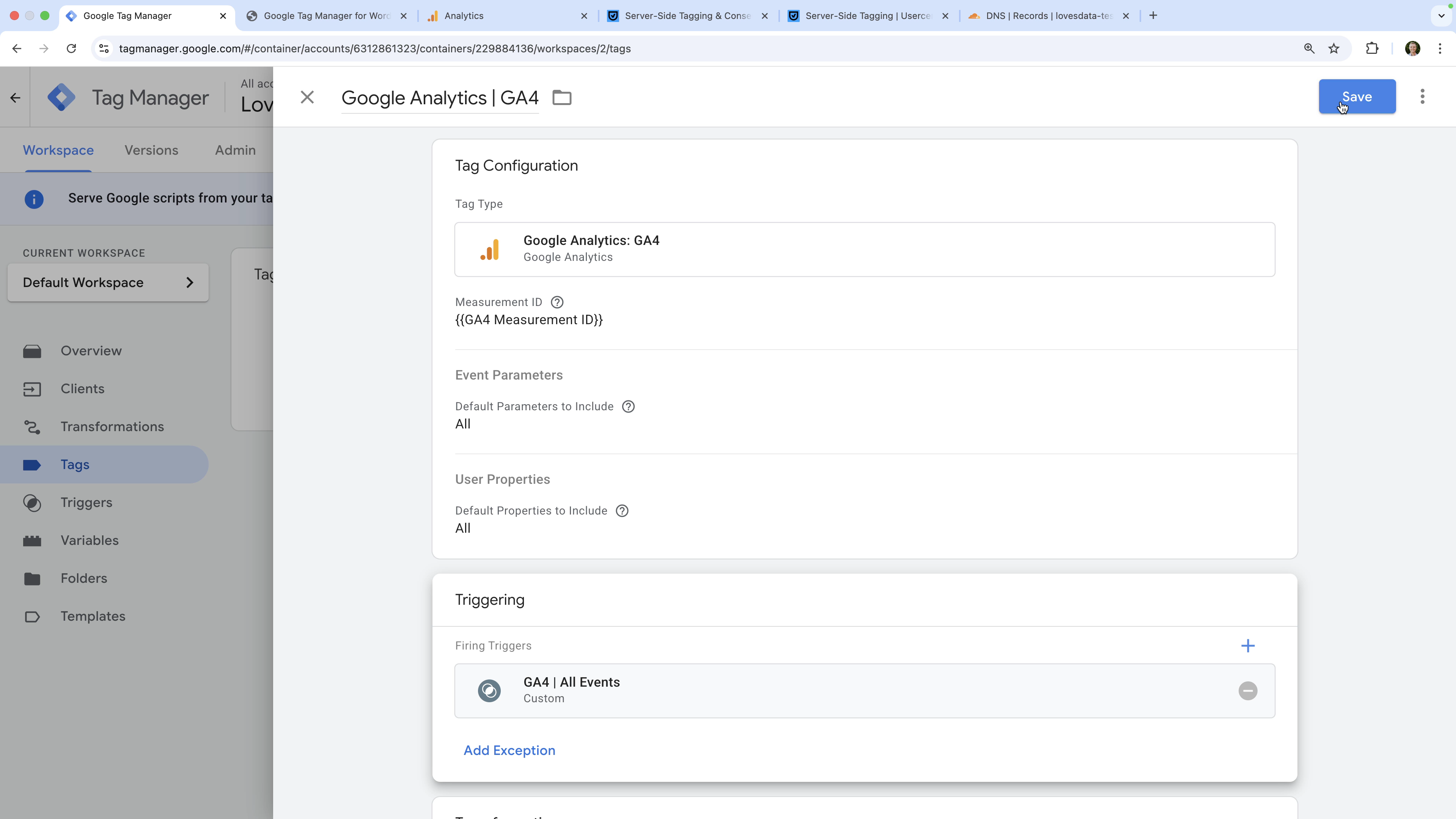 Google Analytics 4 (GA4) tag configured in the server-side container