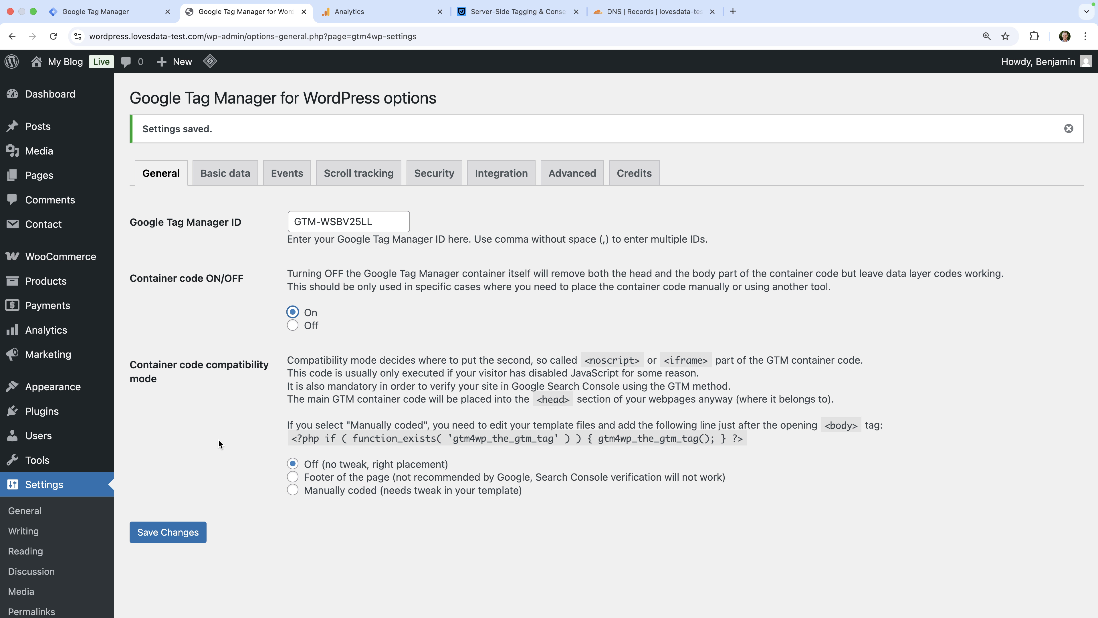 Google Tag Manager added to WordPress using the GTM4WP plugin