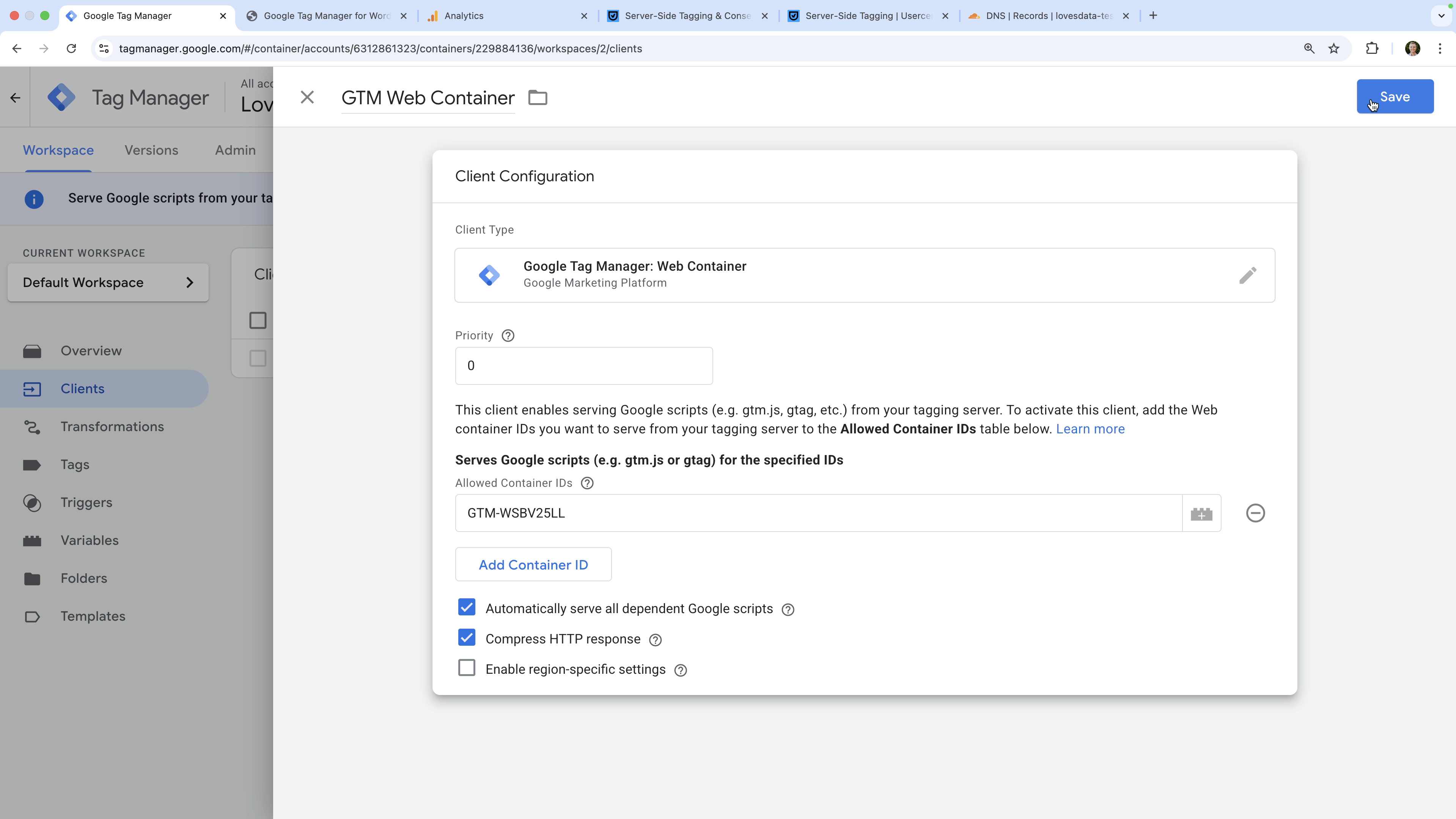Web container client configured in the Google Tag Manager server-side container