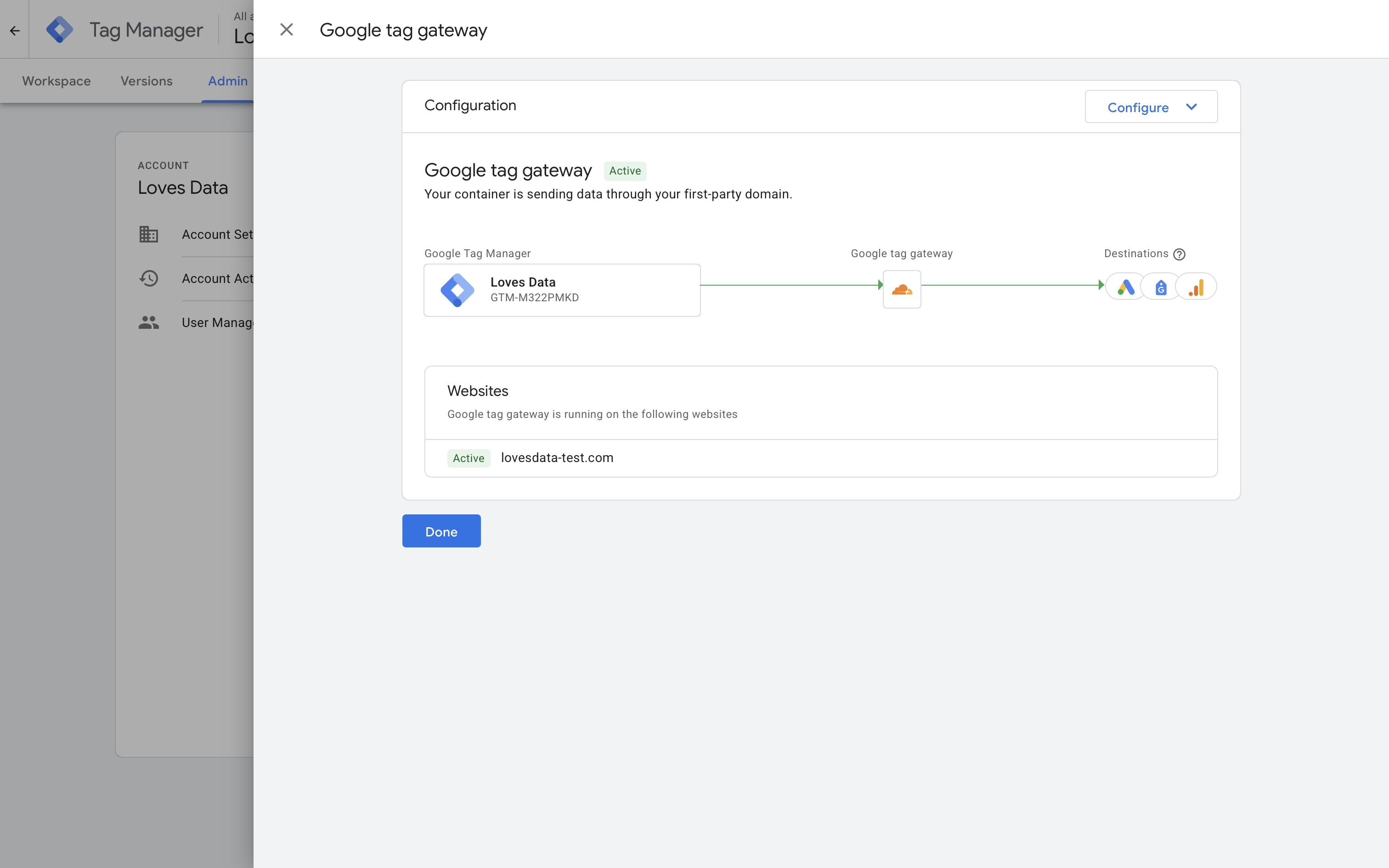 Google Tag Gateway configured with Cloudflare in Google Tag Manager