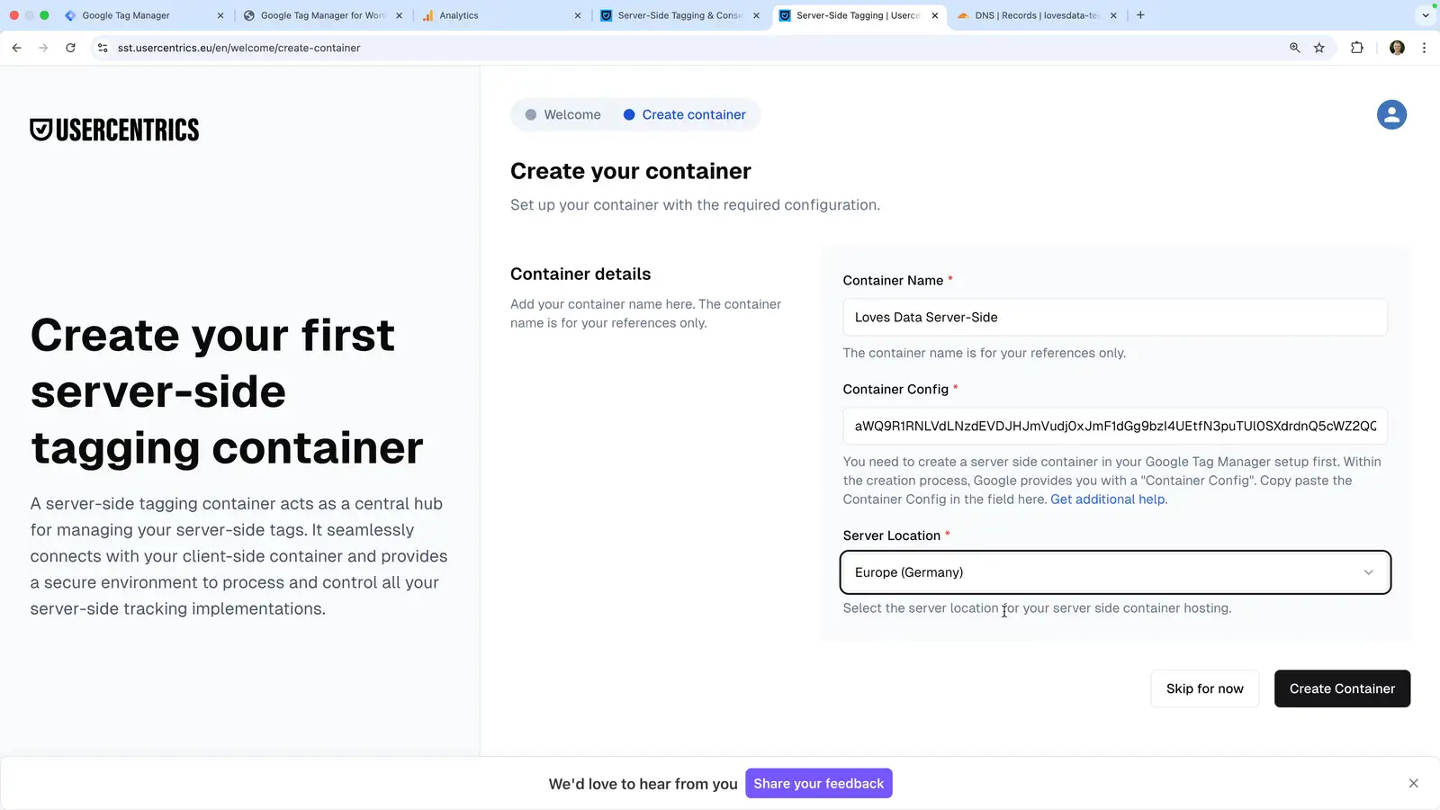 Server-side tagging being configured using Usercentrics