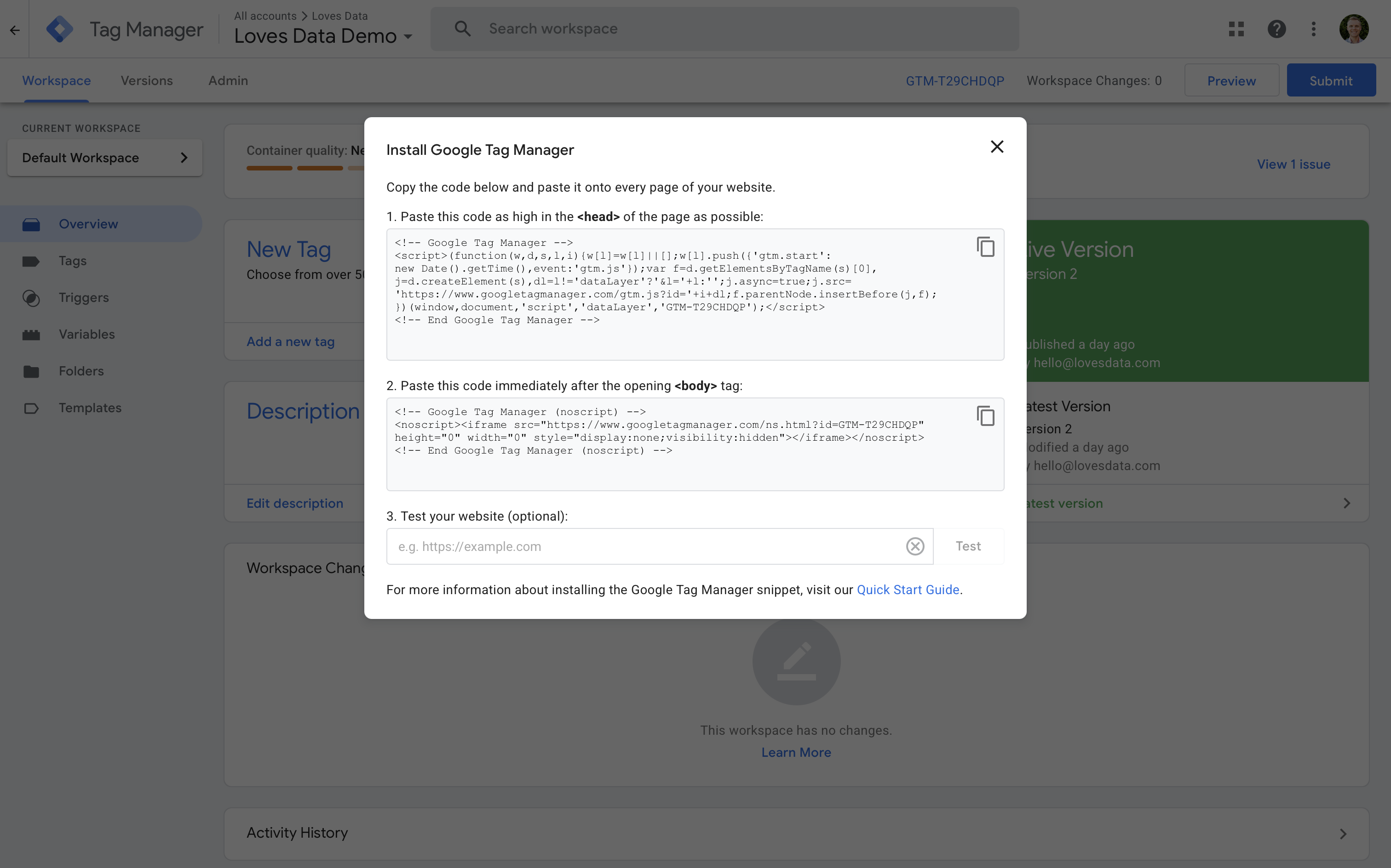 Noscript container code being shown in Google Tag Manager