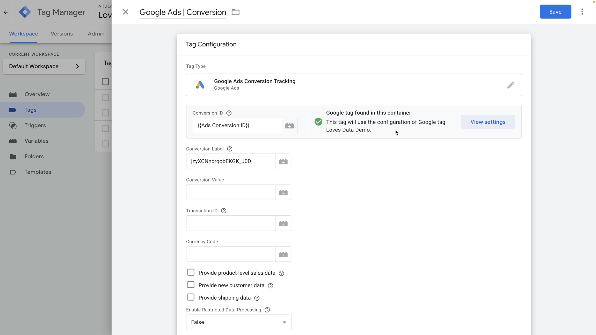 Google Ads tag with "Google tag found in this container" message