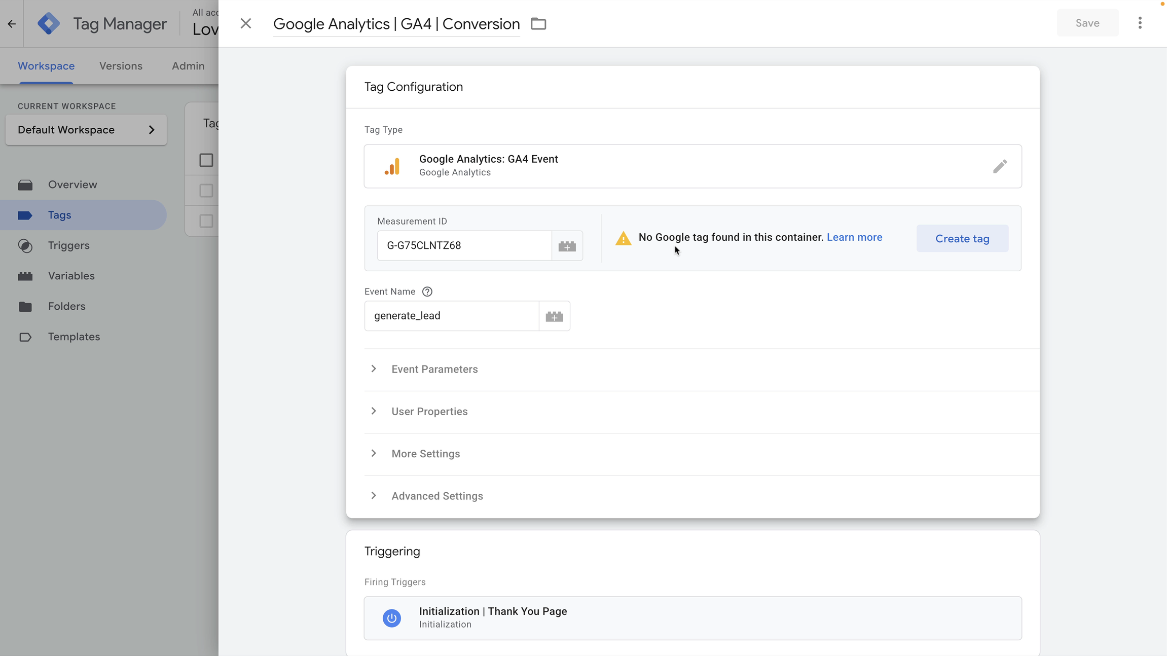 Google Analytics tag in GTM showing "no tag found" warning