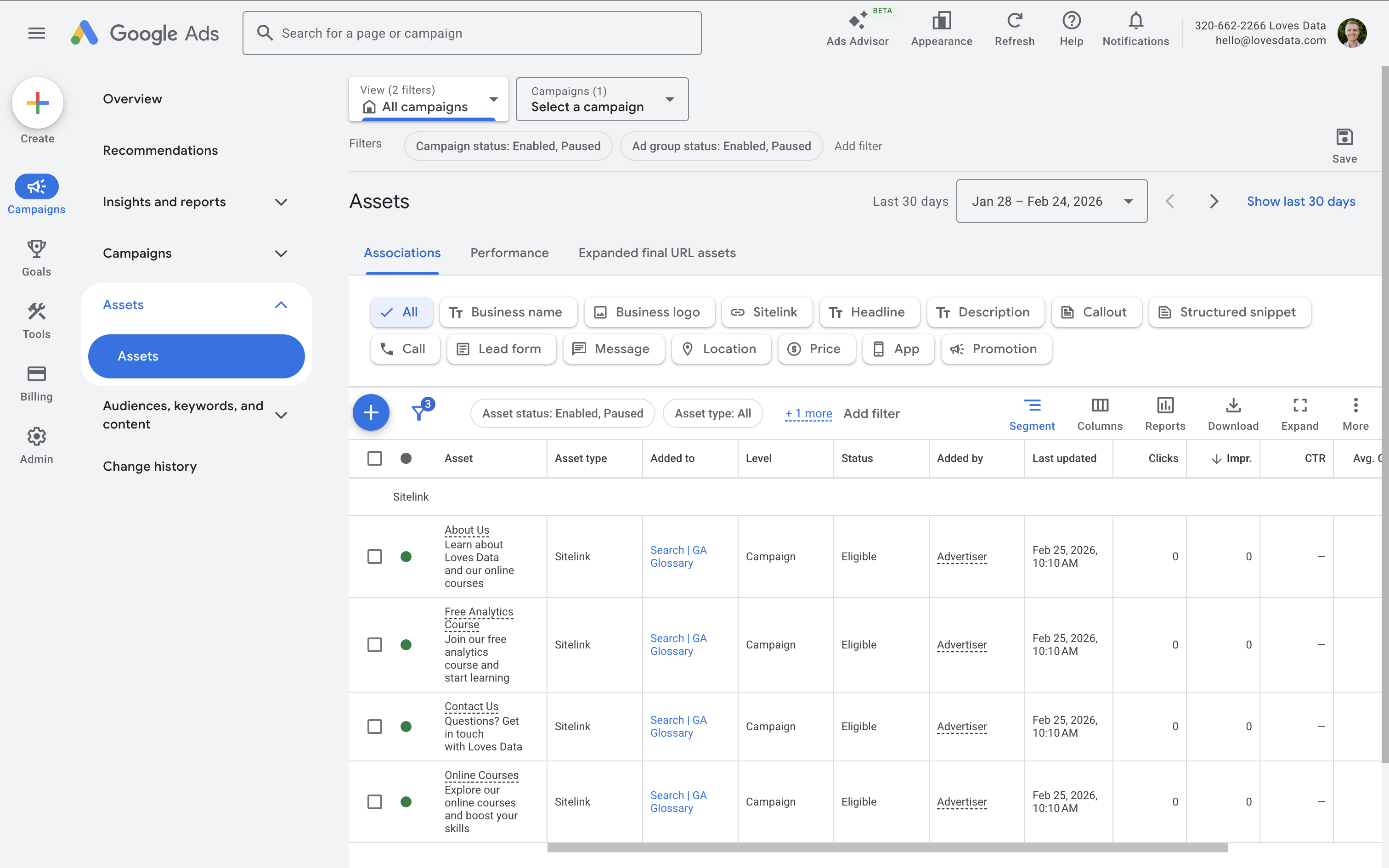 Google Ads interface showing 'Assets'