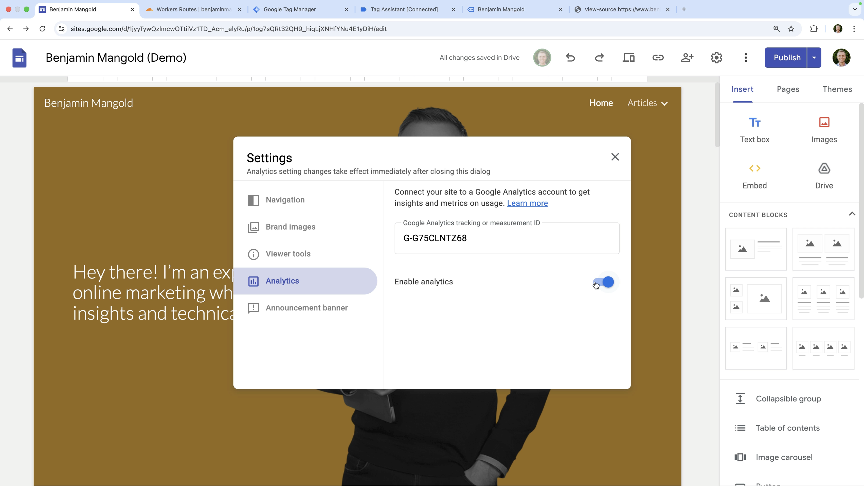 Built-in Google Analytics integration in Google Sites