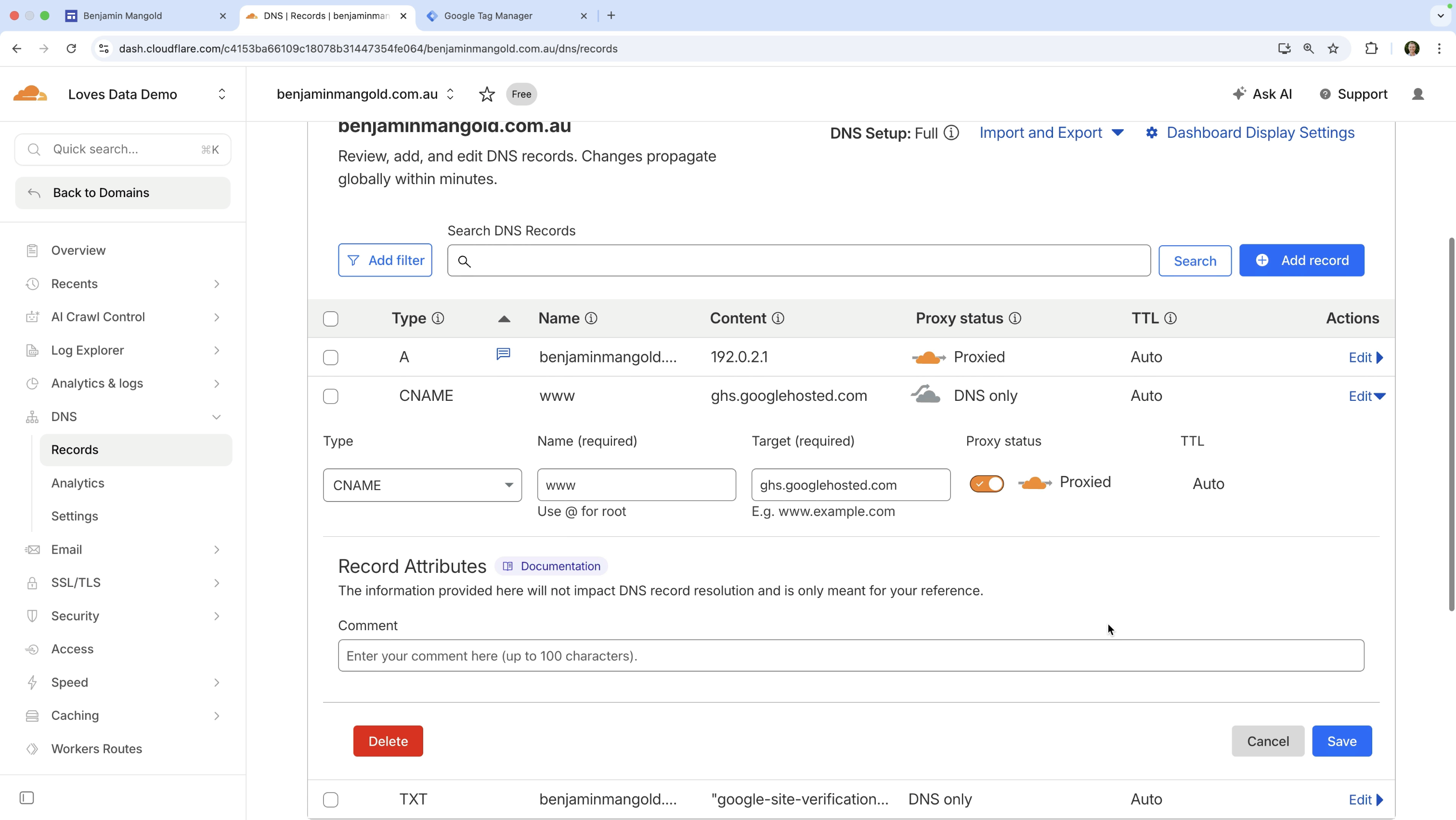 CNAME record for Google Sites with the Cloudflare proxy enabled