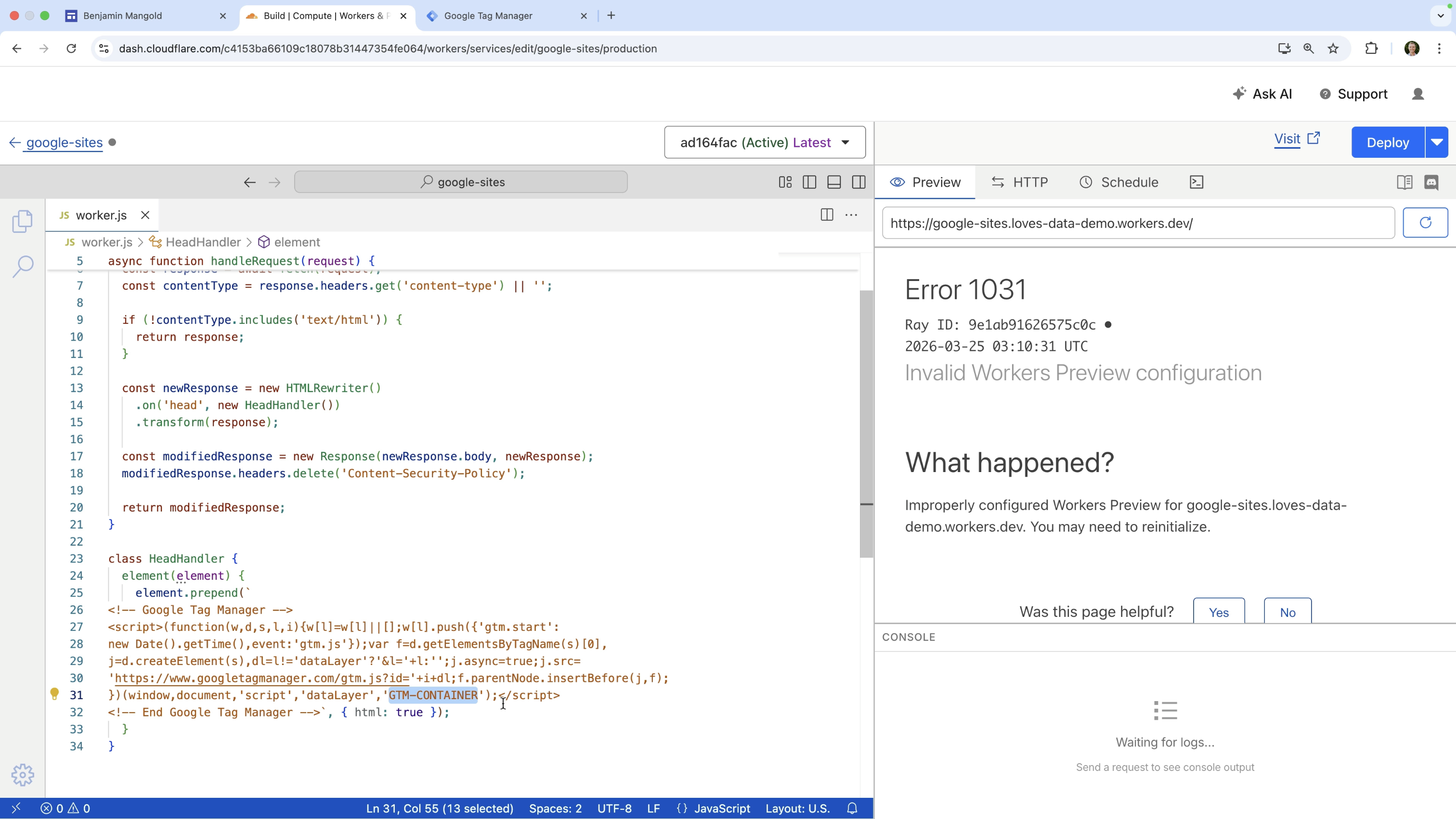 Cloudflare Worker with code to inject the Google Tag Manager (GTM) container