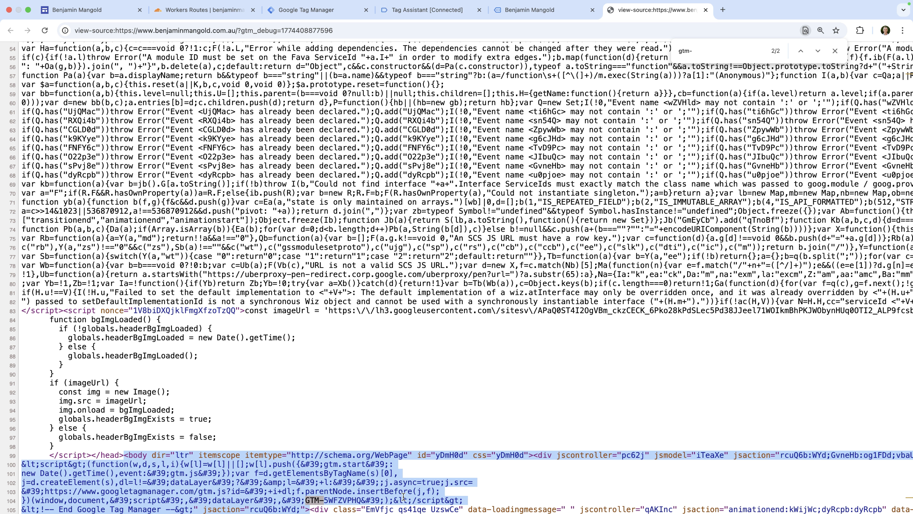 Source code showing the embedded Google Tag Manager (GTM) container code won't load