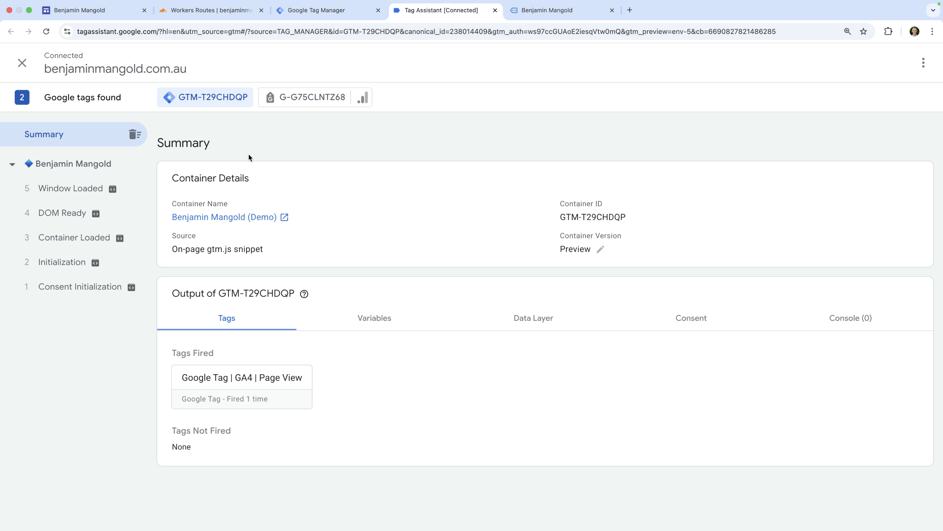 Google Tag Assistant showing the GTM container added to Google Sites