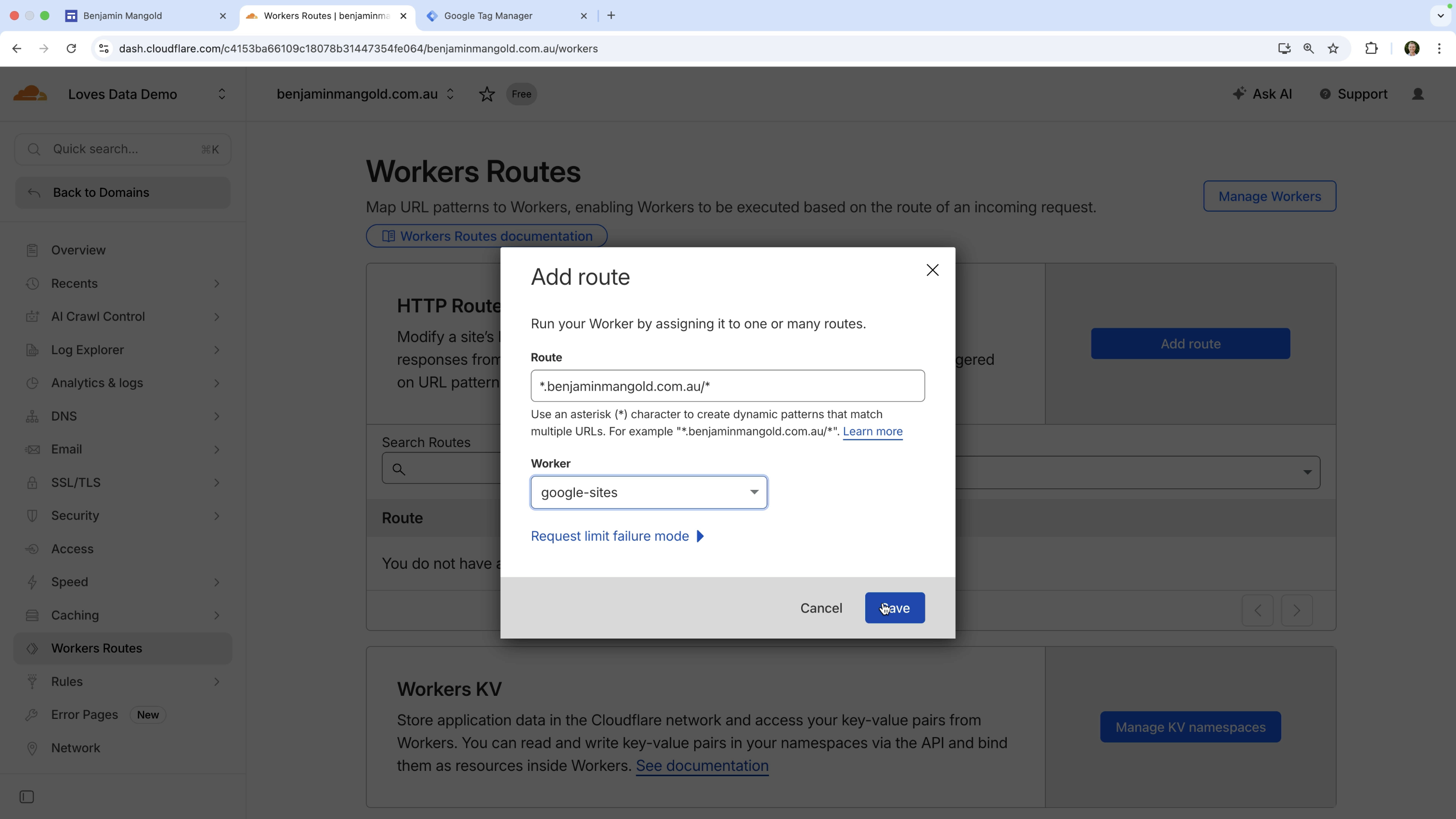 Worker route configured for the domain in Cloudflare