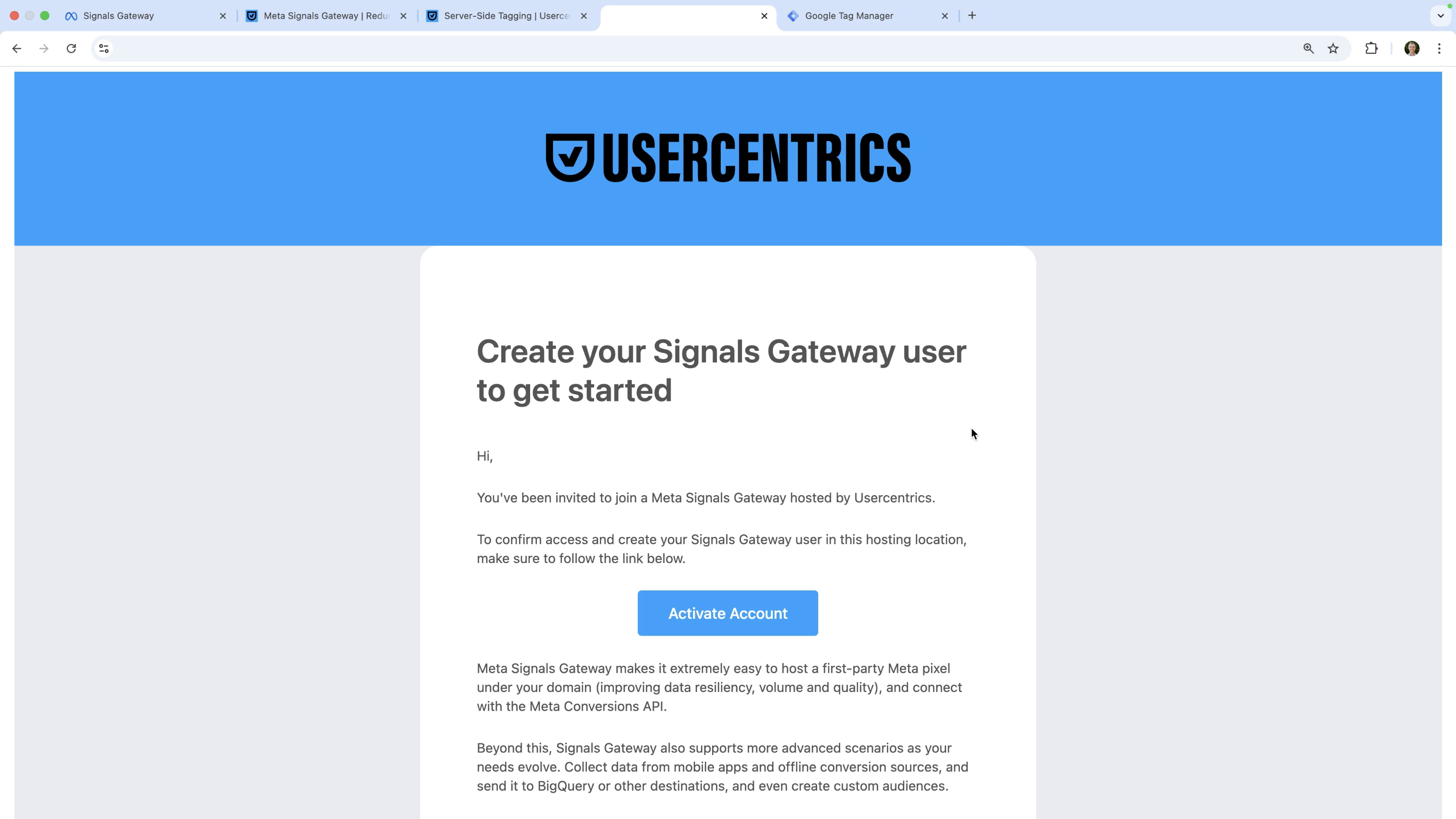 Usercentrics' account activation email for signals gateway