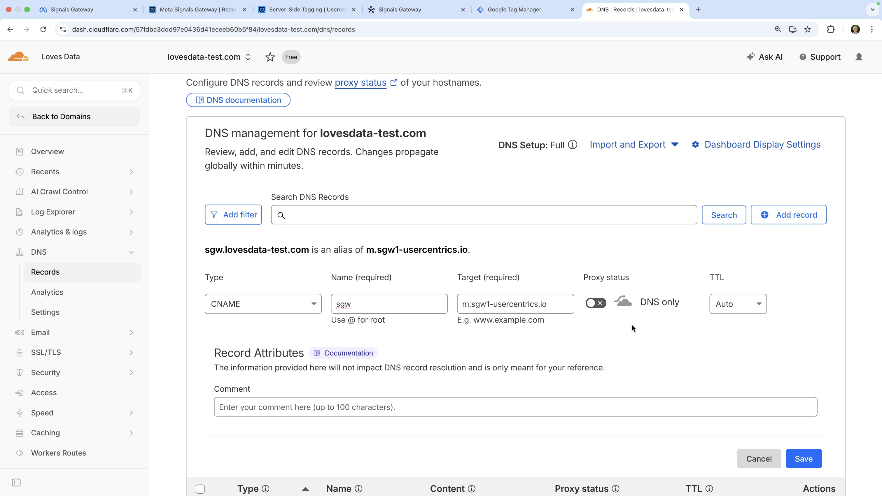 Configure the CNAME record in Cloudflare for your signals gateway
