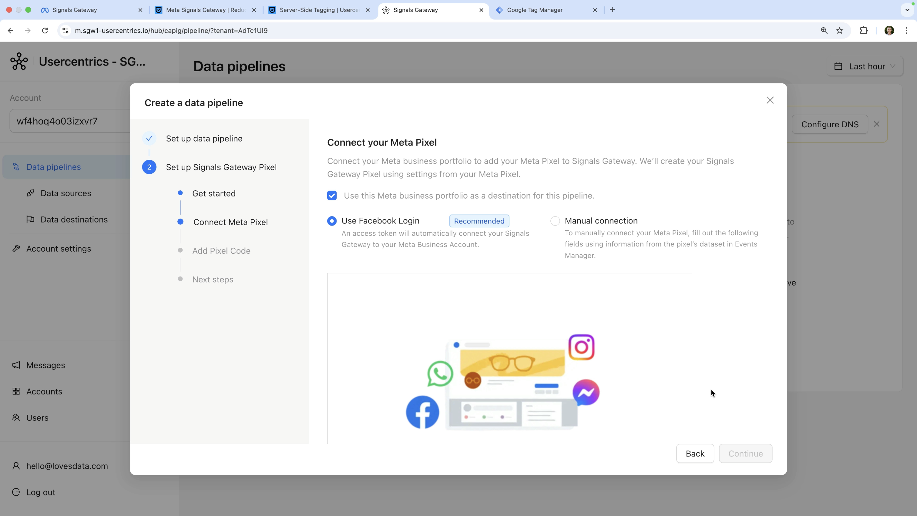 Screen showing that authentication step to connect to your Meta pixel