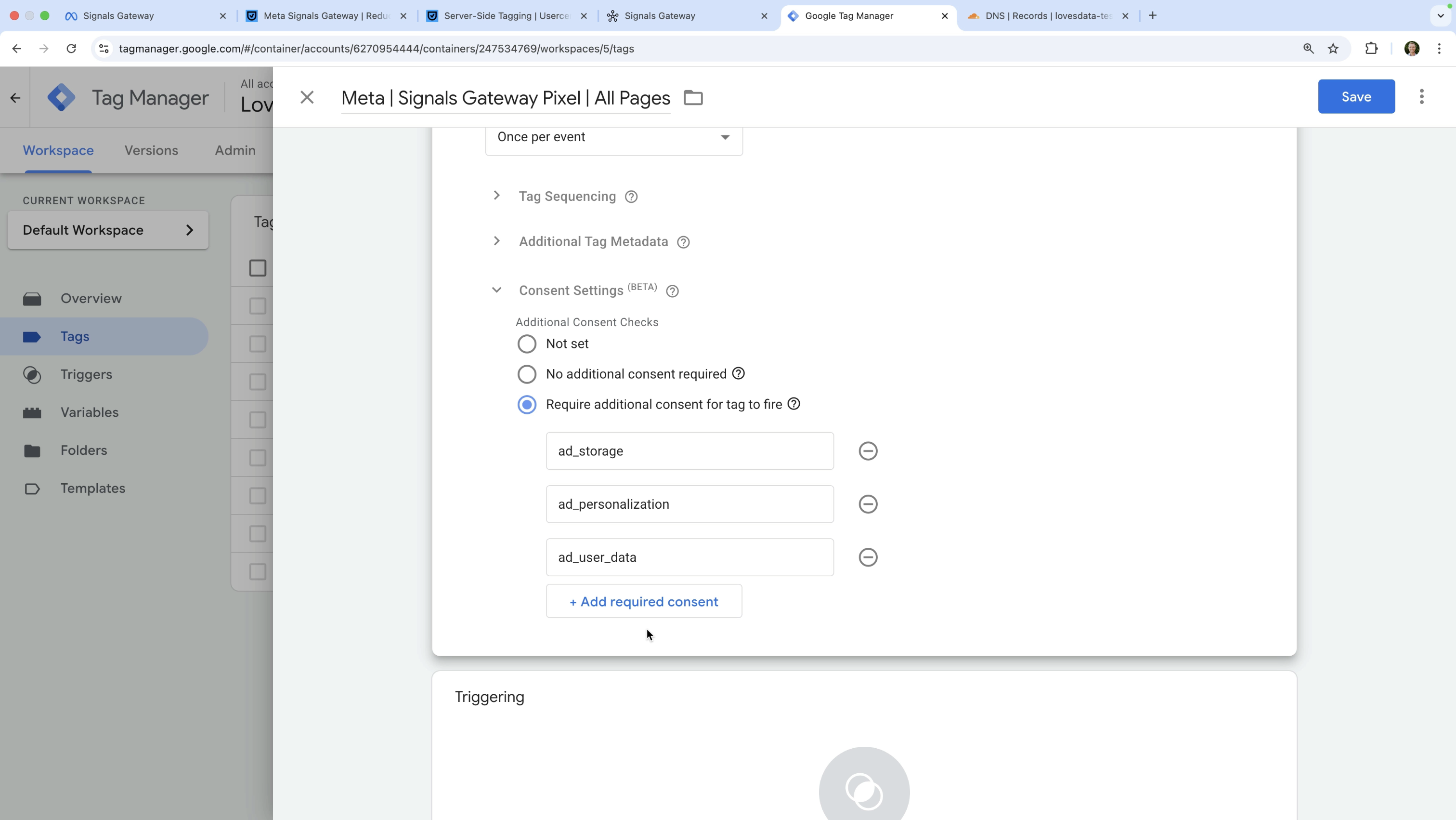 Consent settings for the Meta Signals Gateway Pixel tag