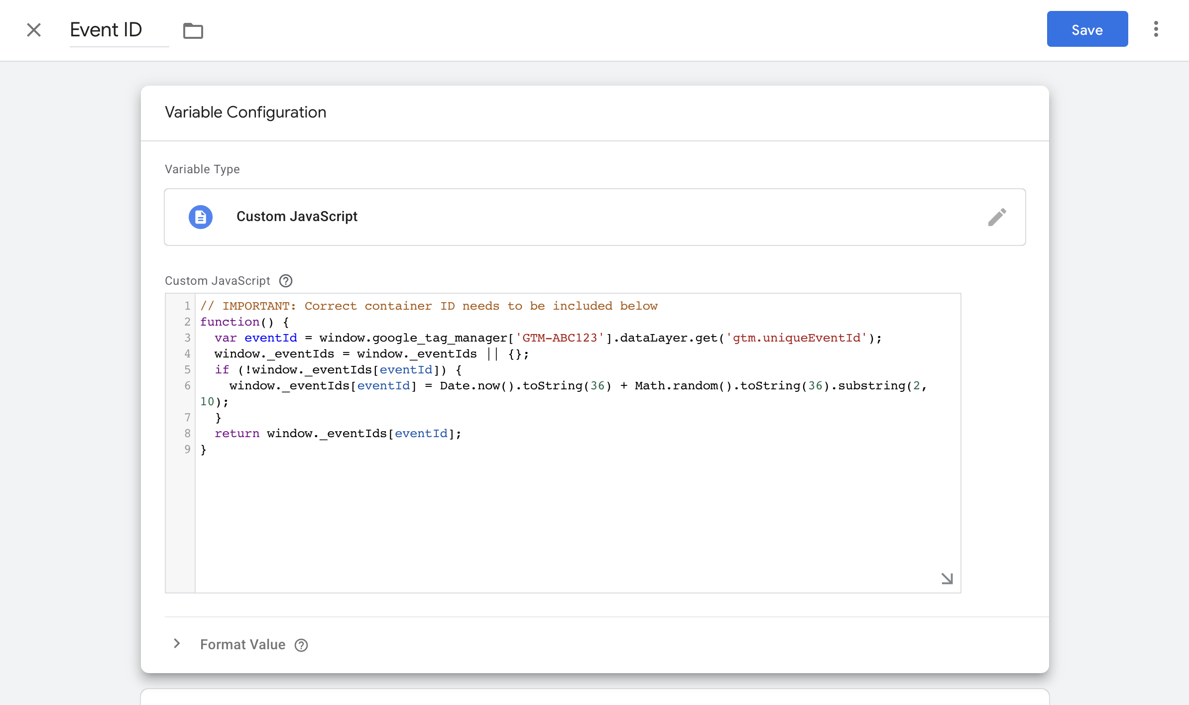 Custom JavaScript variable in Google Tag Manager for Event ID