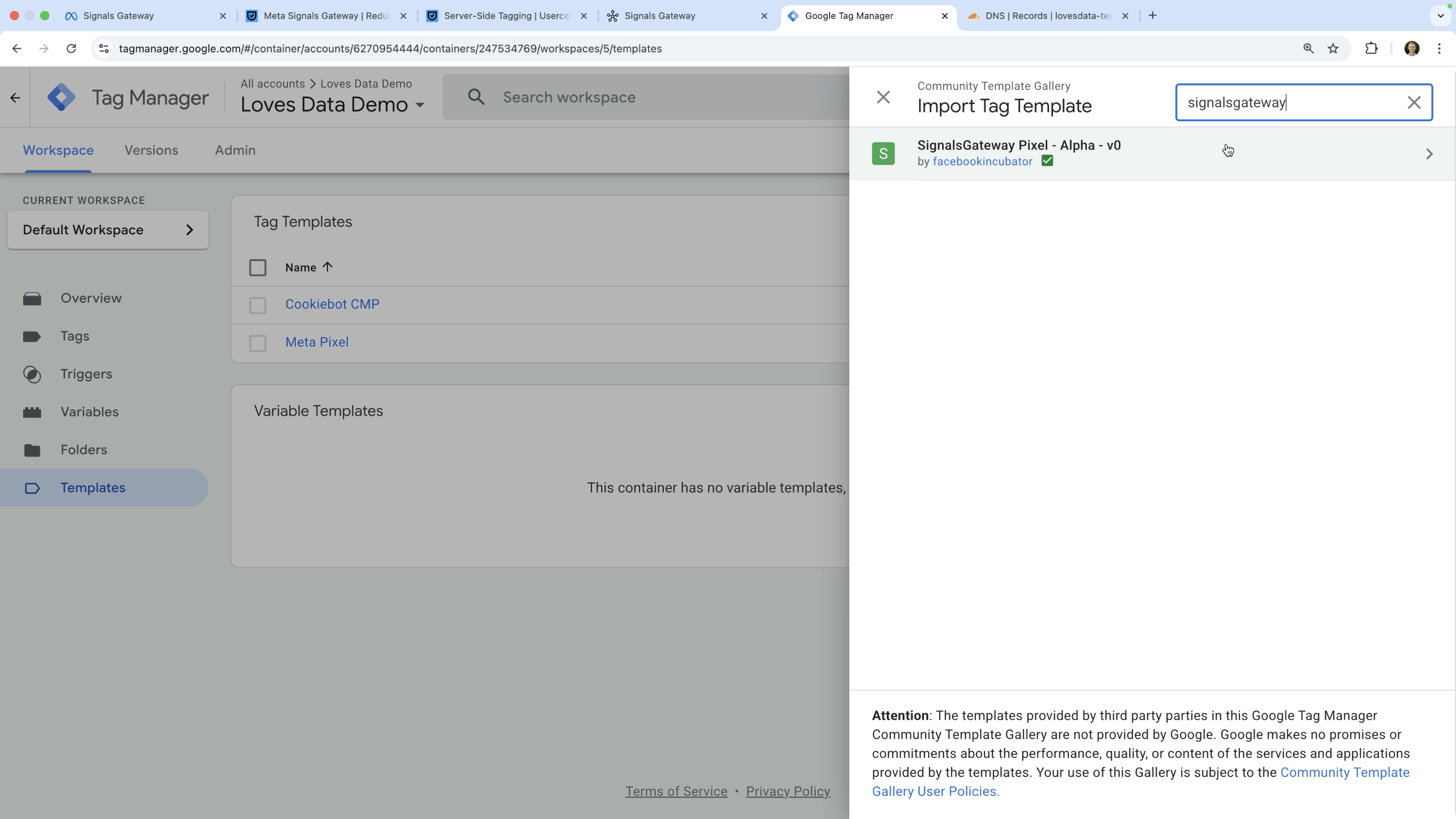 Facebook's tag template for Meta Signals Gateway