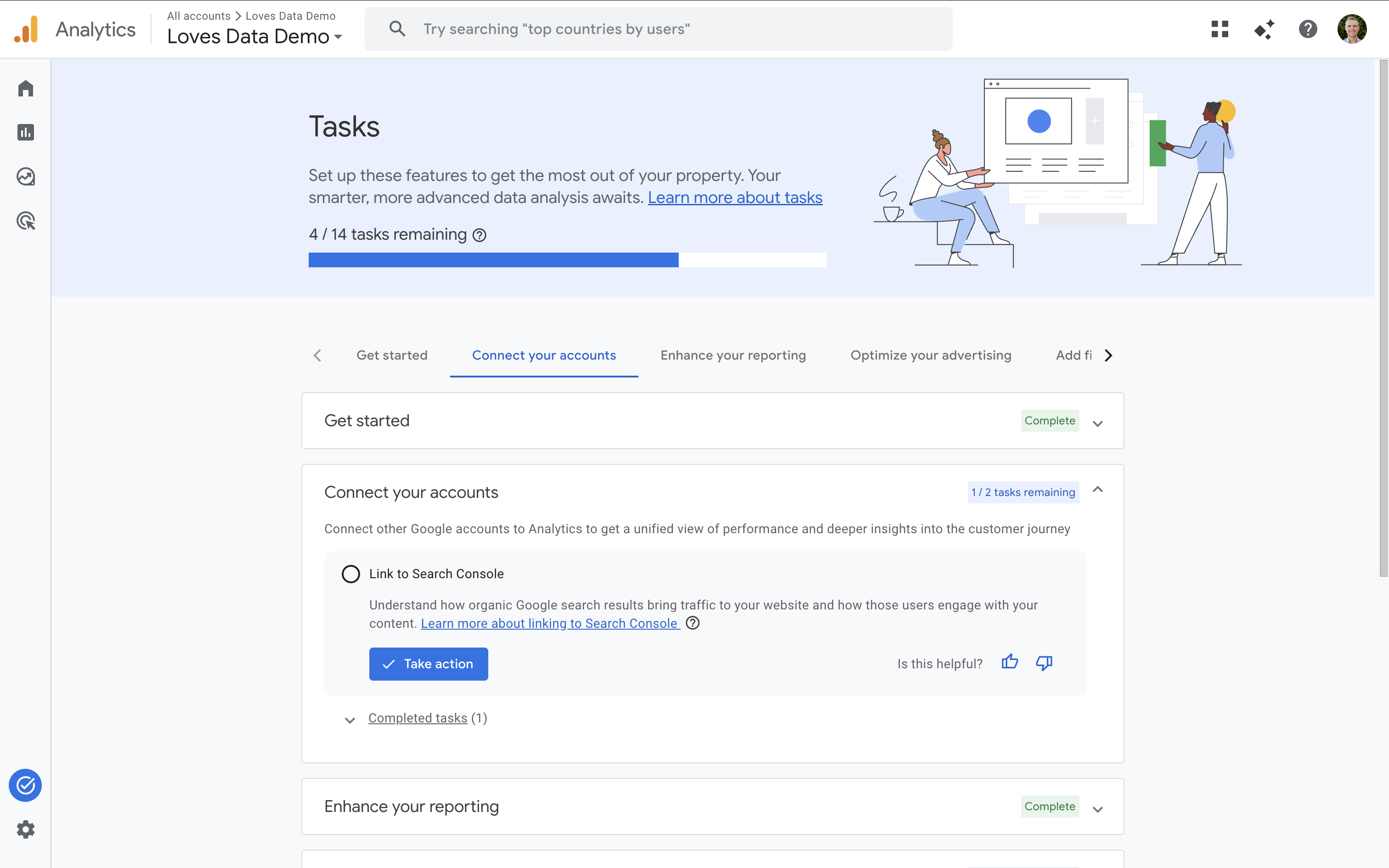 Task Assistant overview page in Google Analytics showing completed and remaining tasks