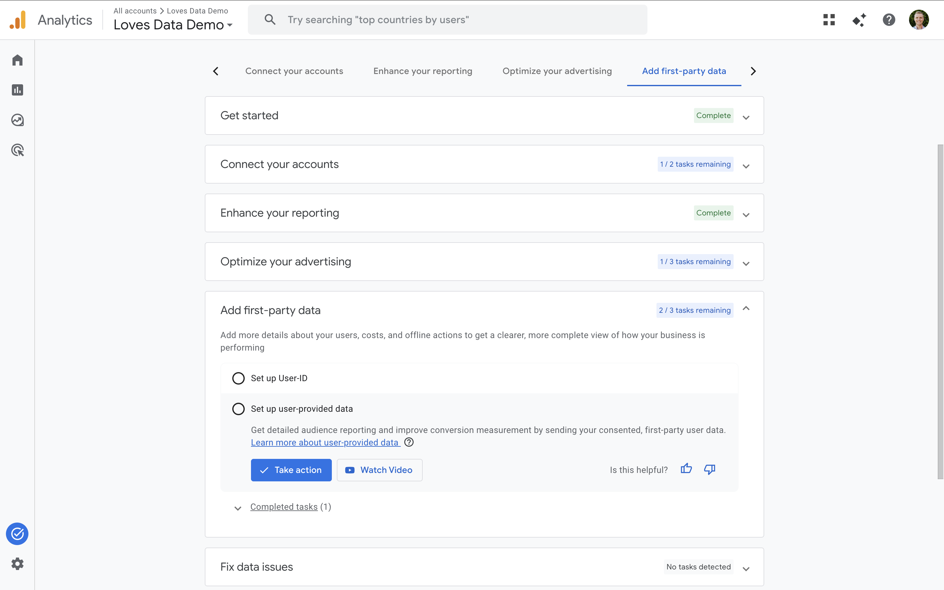 'Set up user-provided data' task shown in Task Assistant
